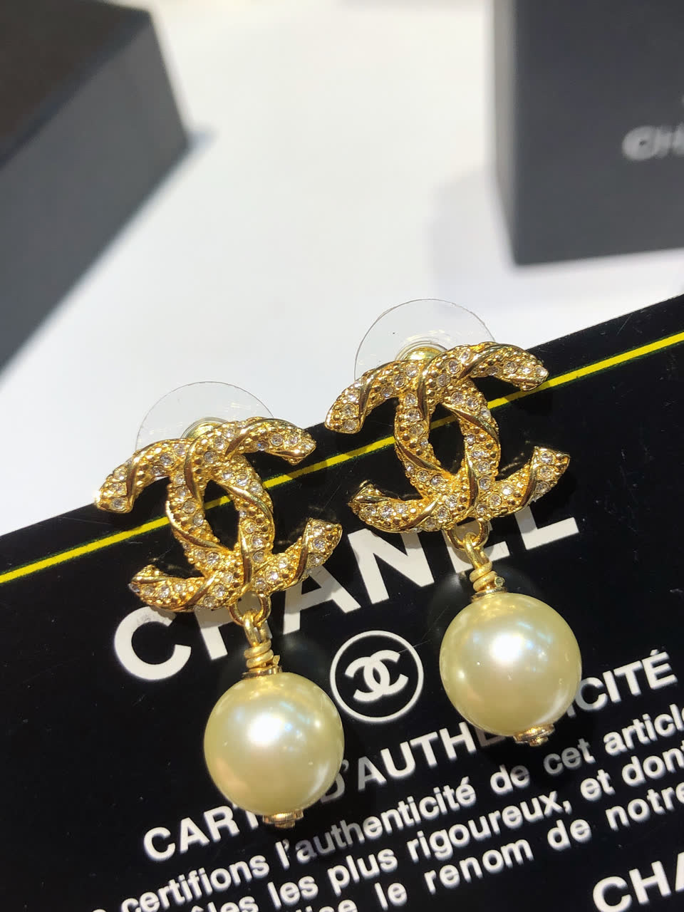 Chanel CC Logo Pearl Drop Earrings