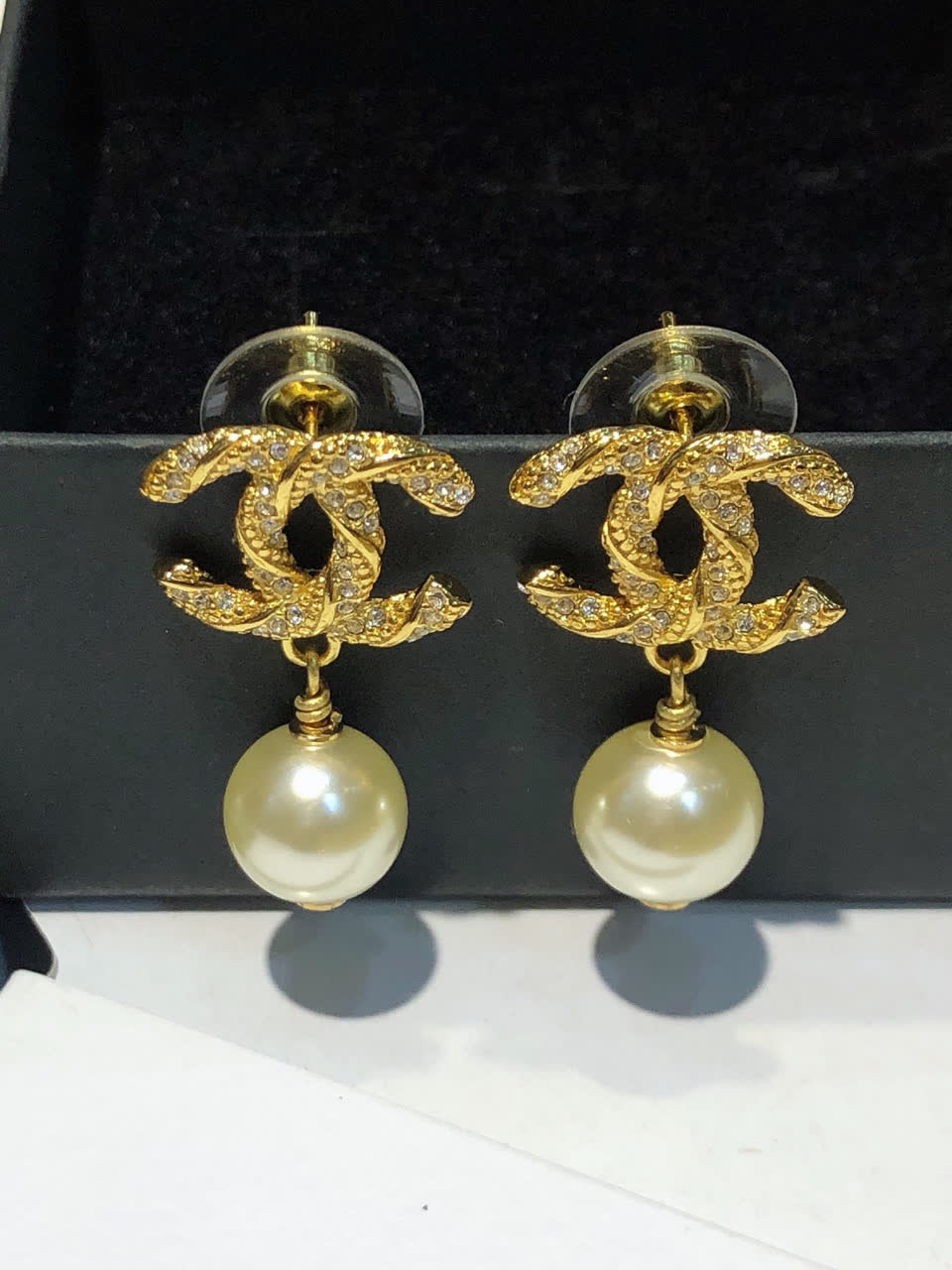 Chanel CC Logo Pearl Drop Earrings