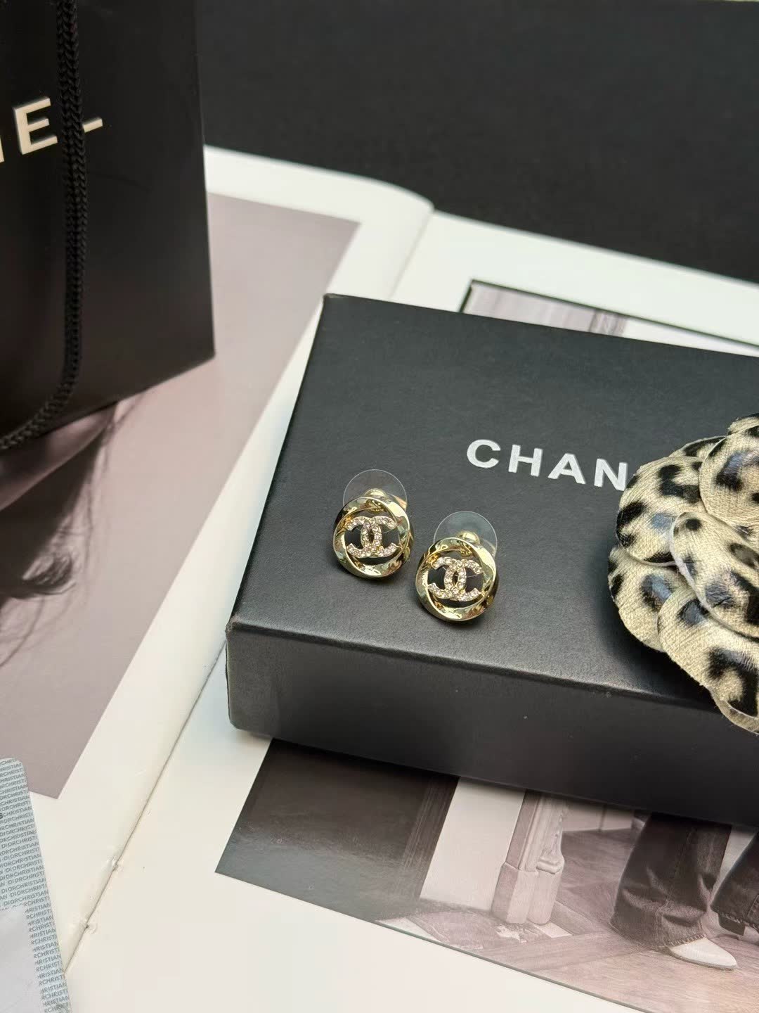 Chanel Earrings - Gold CC Logo with Clear Stones