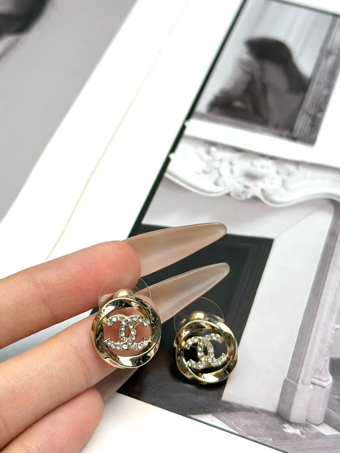 Chanel Earrings - Gold CC Logo with Clear Stones