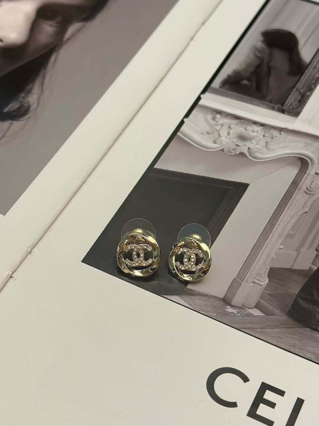 Chanel Earrings - Gold CC Logo with Clear Stones