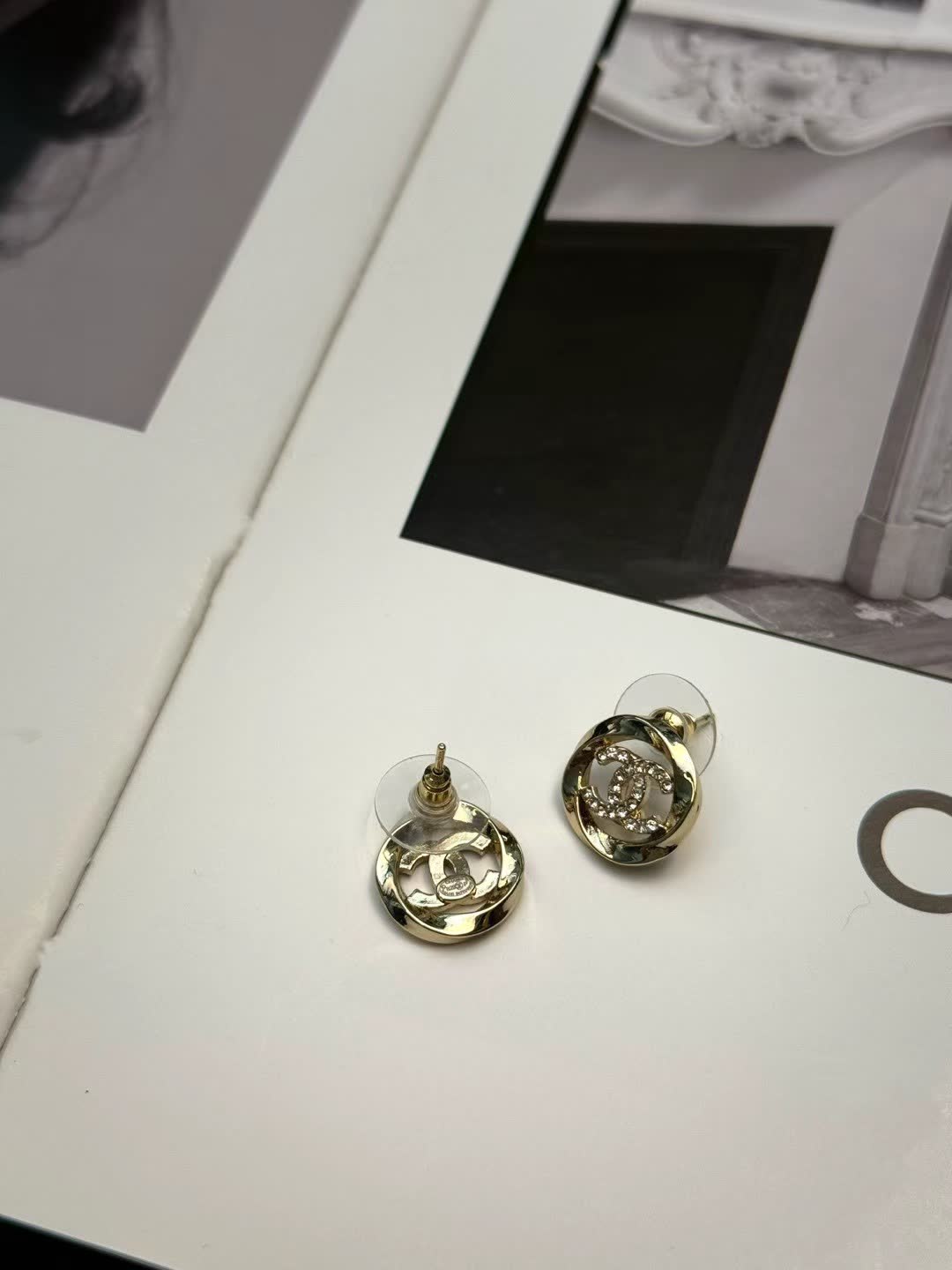 Chanel Earrings - Gold CC Logo with Clear Stones