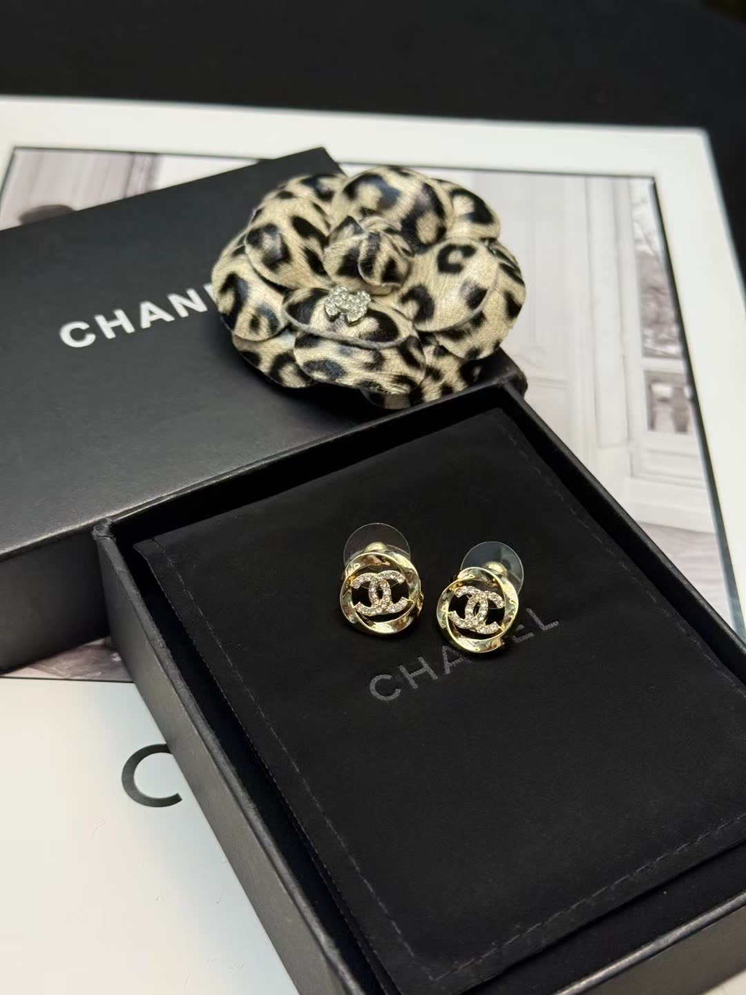 Chanel Earrings - Gold CC Logo with Clear Stones