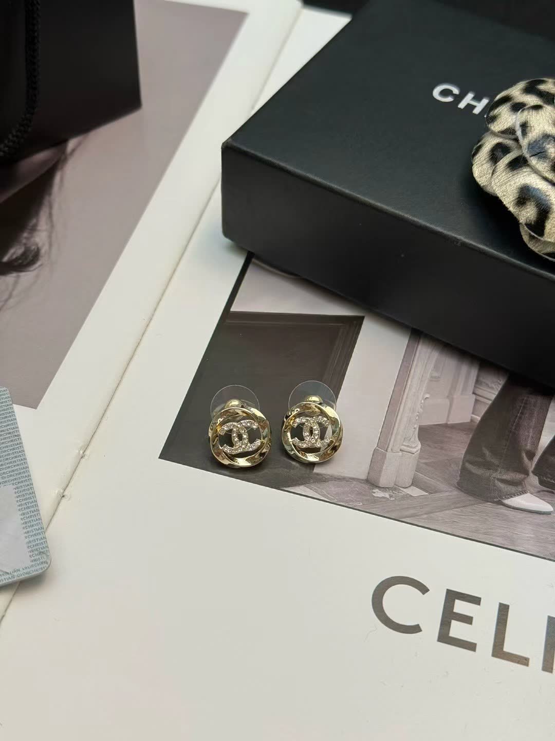 Chanel Earrings - Gold CC Logo with Clear Stones
