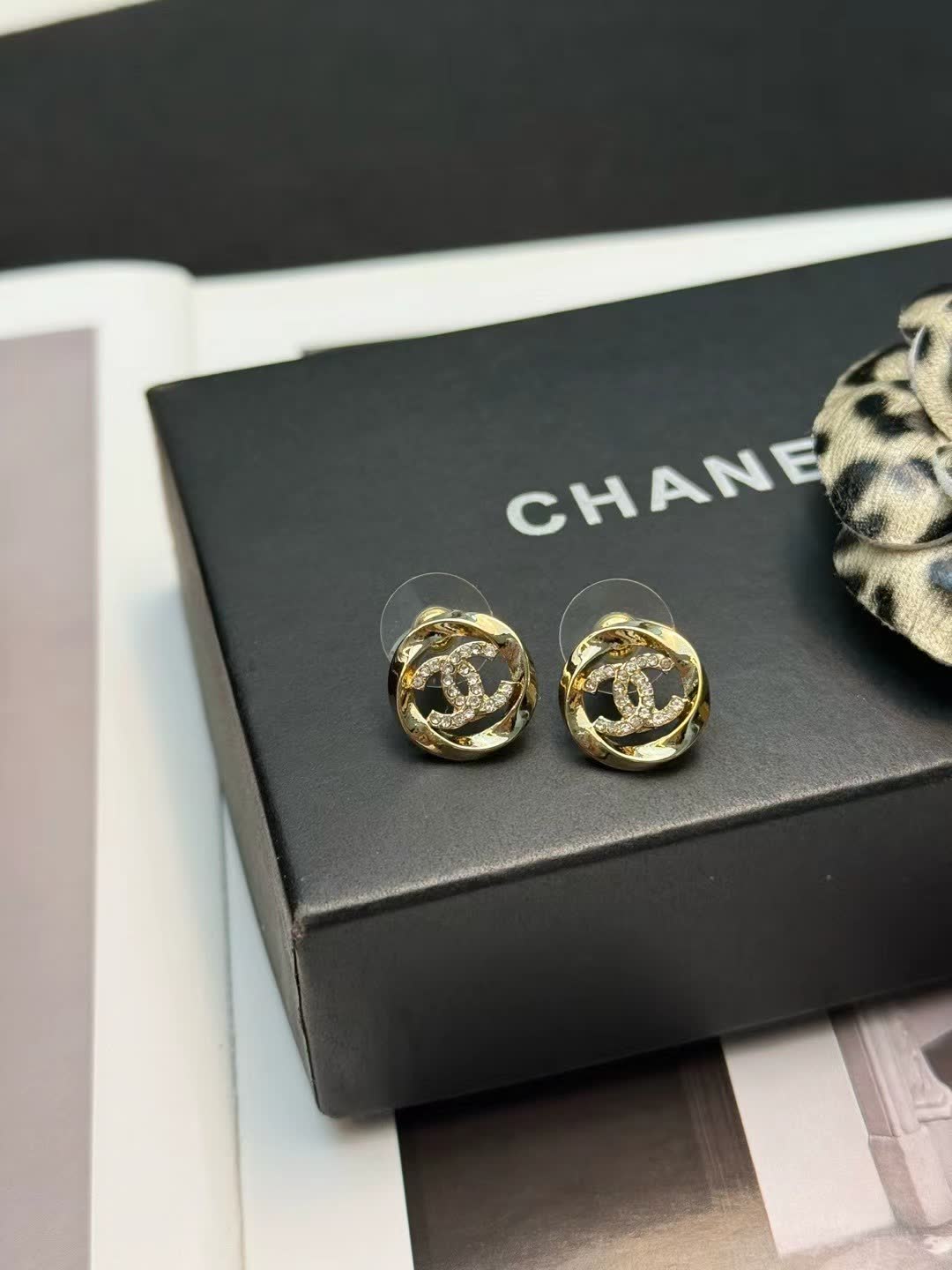 Chanel Earrings - Gold CC Logo with Clear Stones