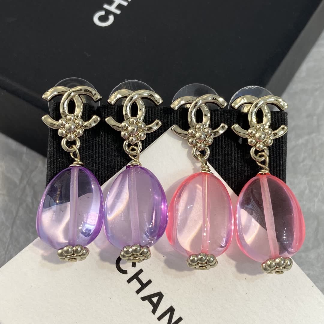 Chanel CC Logo Pink & Purple Crystal Drop Earrings
