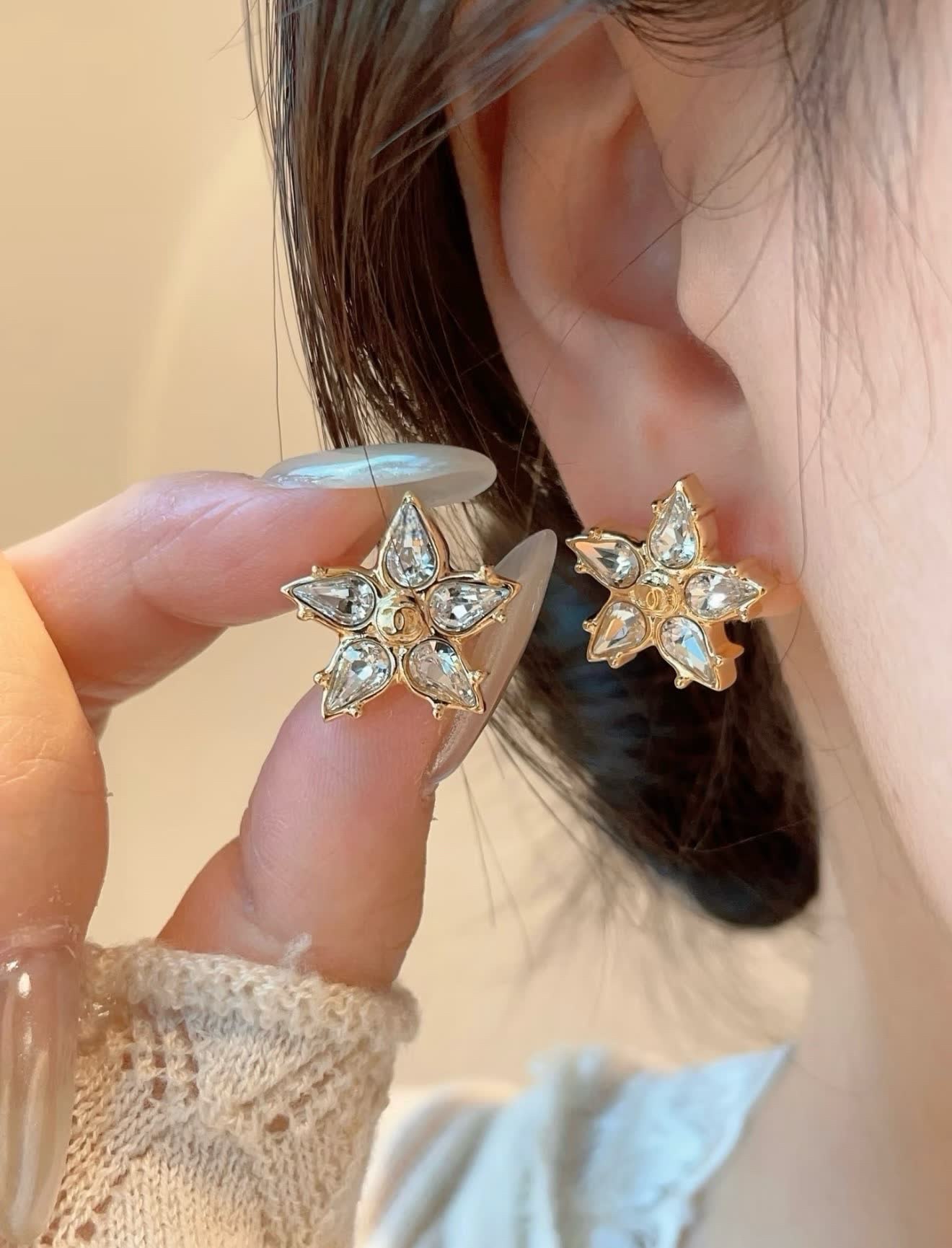 Chanel Gold-tone Crystal Flower Stud Earrings