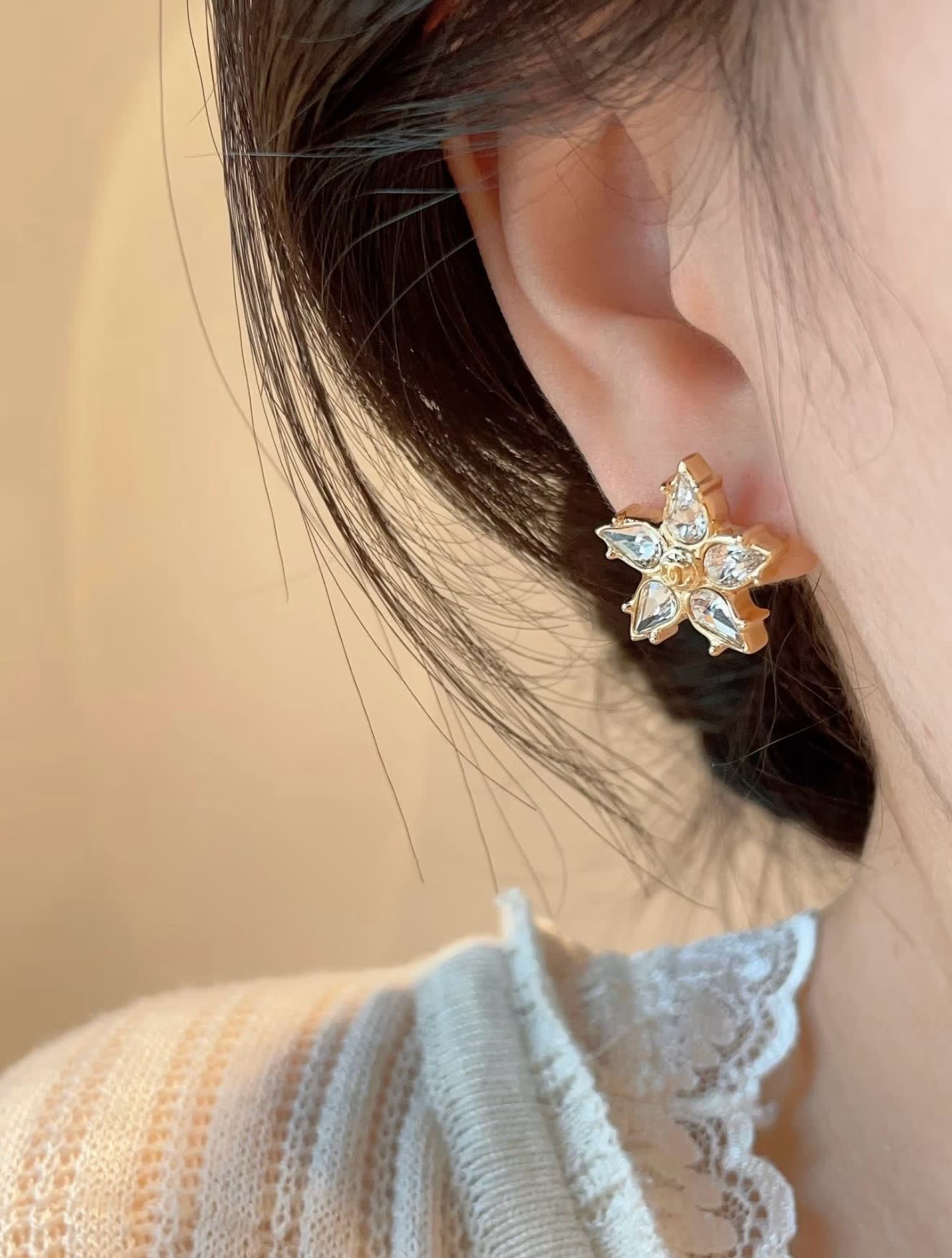 Chanel Gold-tone Crystal Flower Stud Earrings
