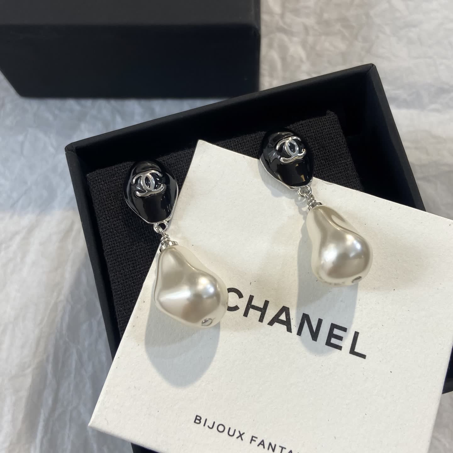 Chanel Black and Pearl Drop Earrings