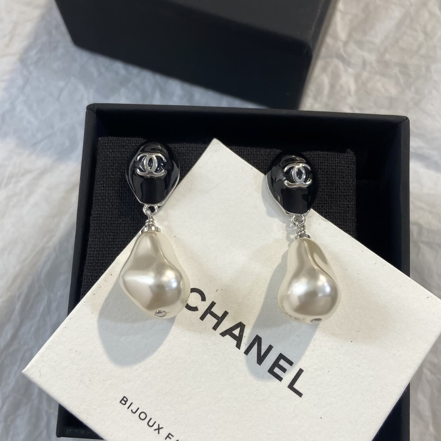 Chanel Black and Pearl Drop Earrings