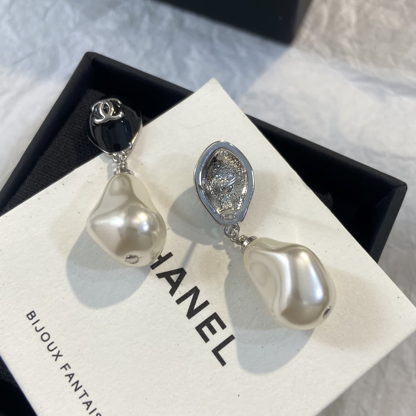 Chanel Black and Pearl Drop Earrings