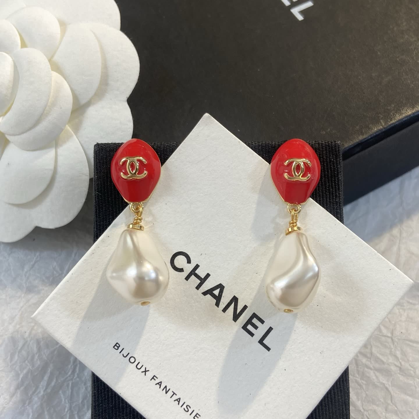 Chanel Red and Pearl Drop Earrings Chanel Red and Pearl Drop Earrings
