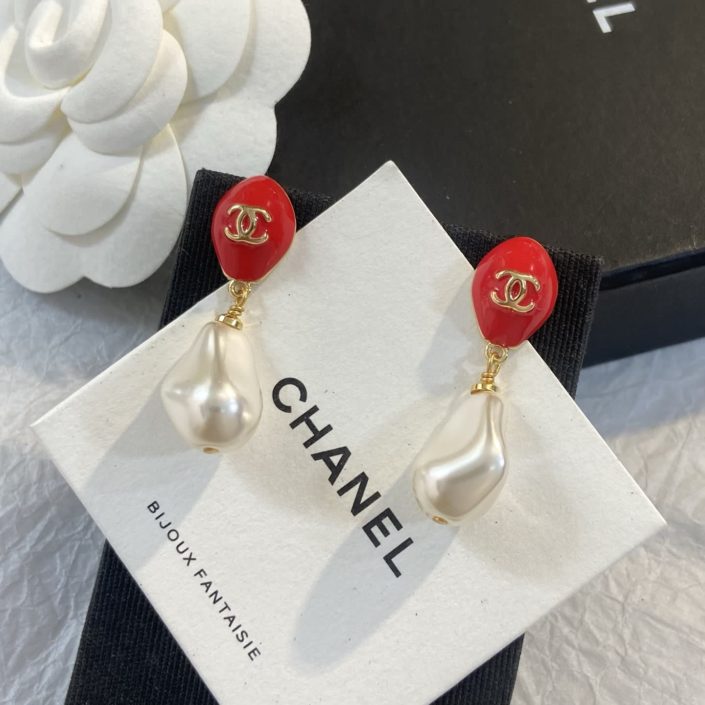 Chanel Red and Pearl Drop Earrings