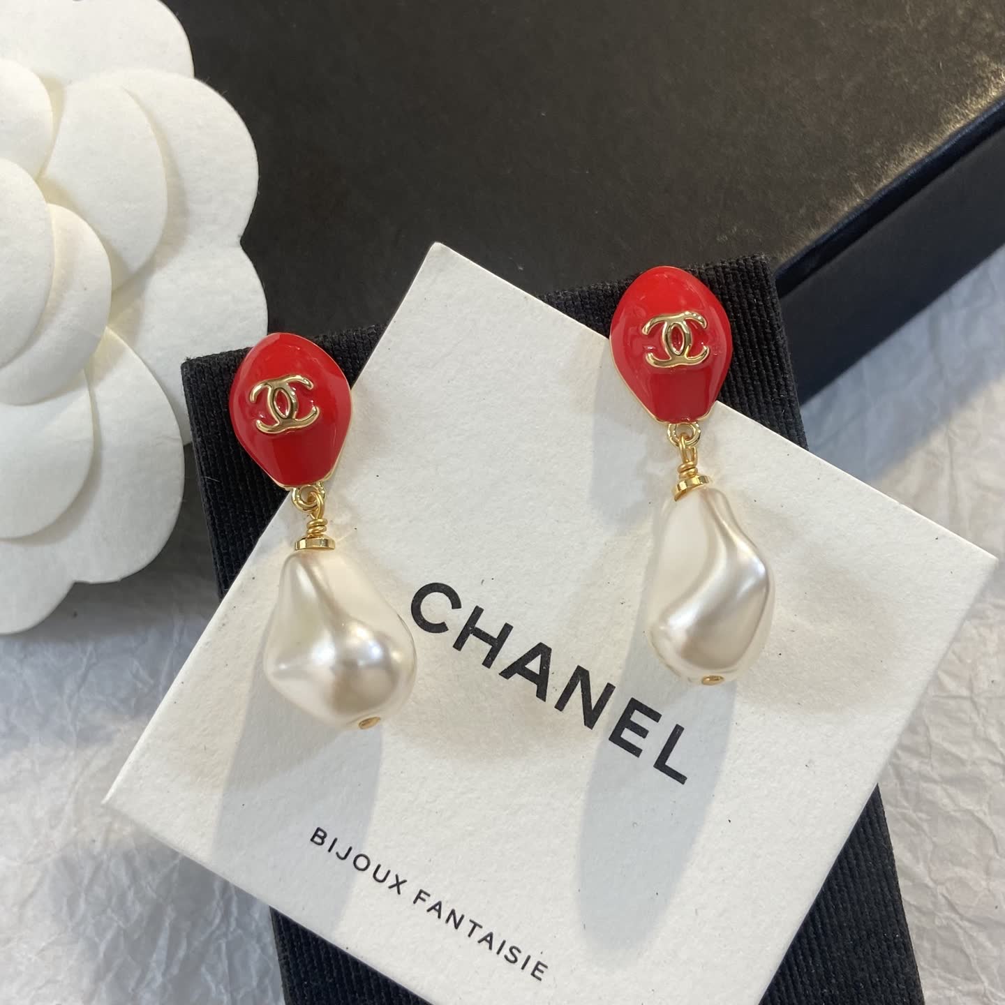 Chanel Red and Pearl Drop Earrings