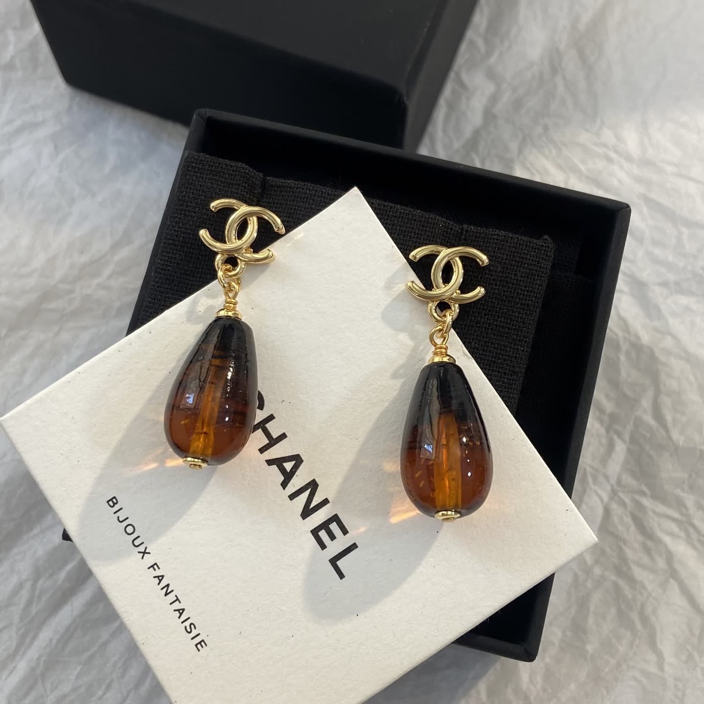 Chanel CC Logo Amber Teardrop Earrings Chanel CC Logo Amber Teardrop Earrings