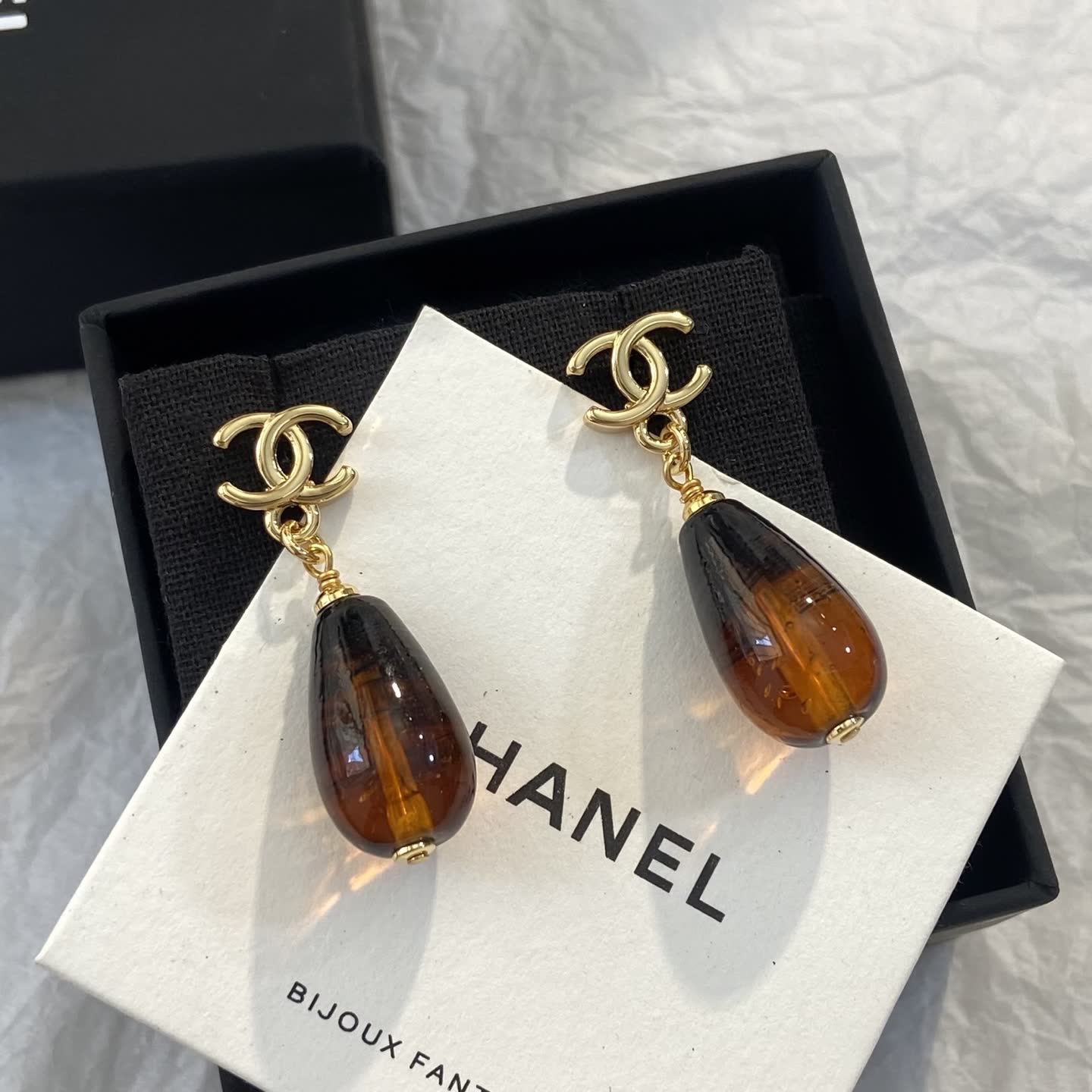 Chanel CC Logo Amber Teardrop Earrings