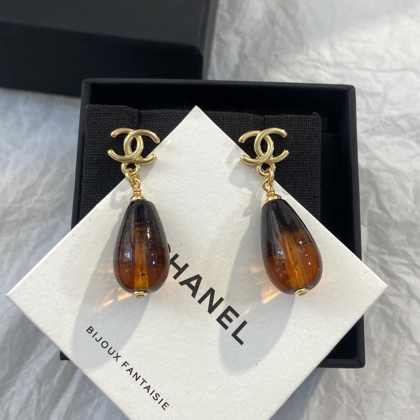 Chanel CC Logo Amber Teardrop Earrings