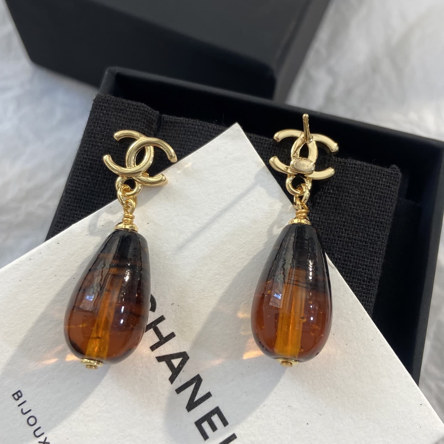 Chanel CC Logo Amber Teardrop Earrings