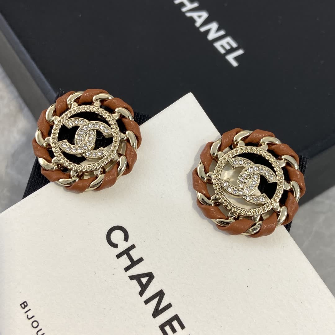 Chanel Brown Leather & Gold Tone CC Logo Stud Earrings