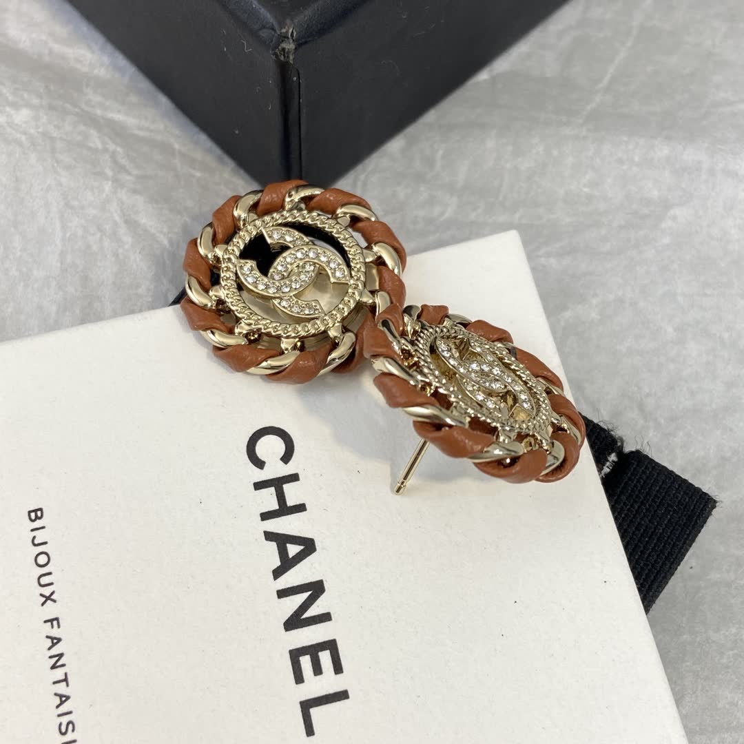 Chanel Brown Leather & Gold Tone CC Logo Stud Earrings