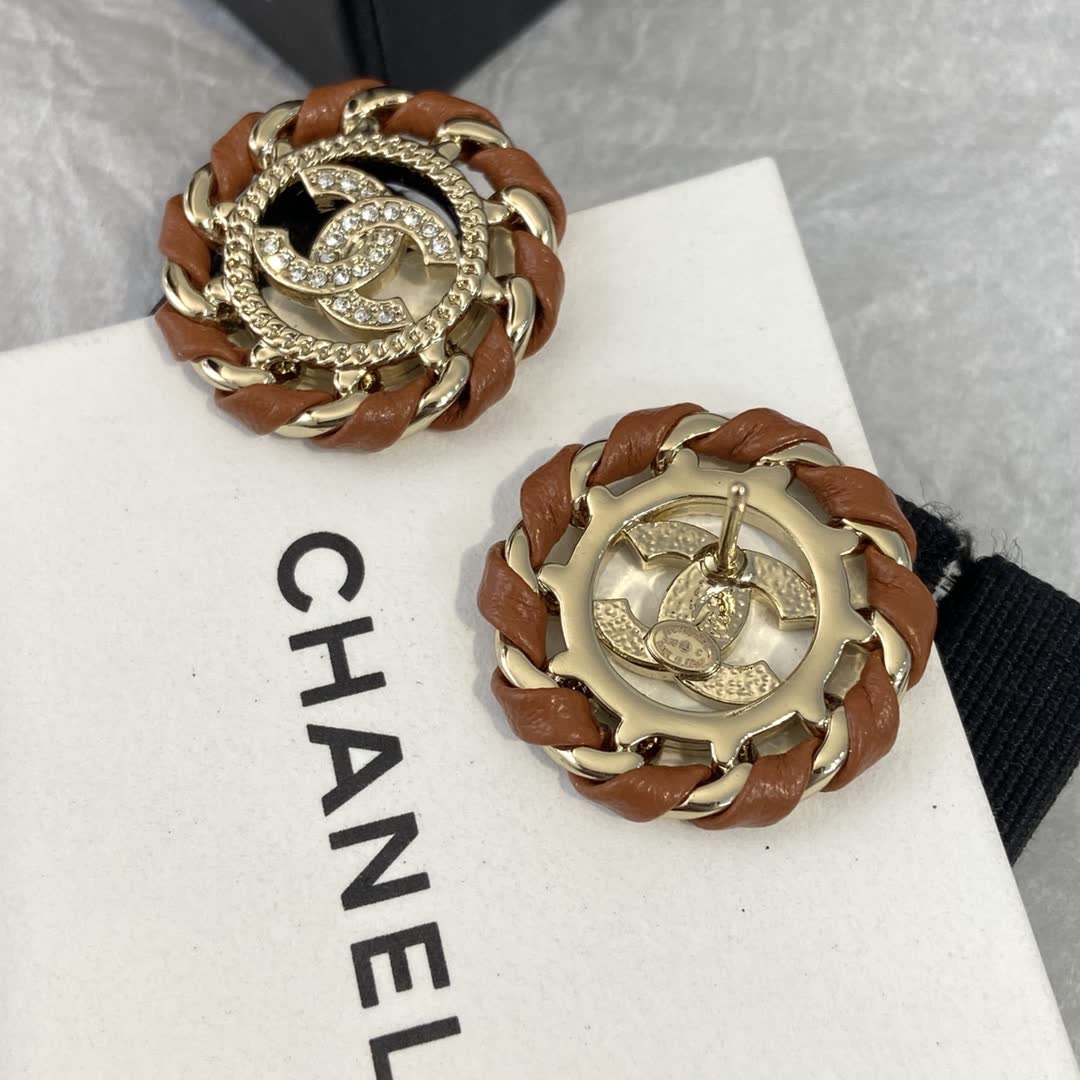 Chanel Brown Leather & Gold Tone CC Logo Stud Earrings