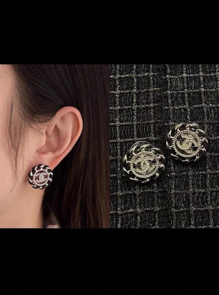 Chanel Brown Leather & Gold Tone CC Logo Stud Earrings