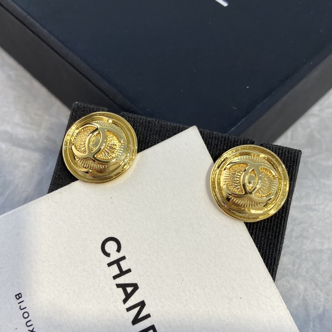 Chanel CC Logo Gold Tone Stud Earrings