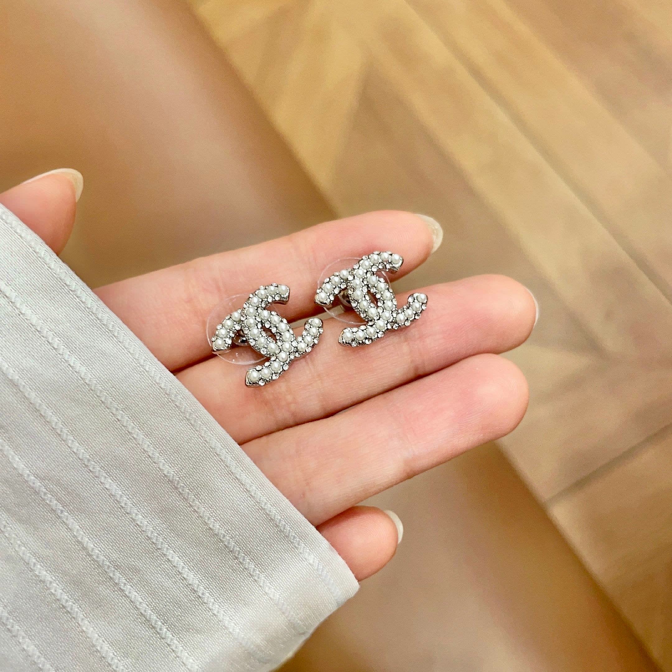 Chanel CC Logo Crystal Stud Earrings