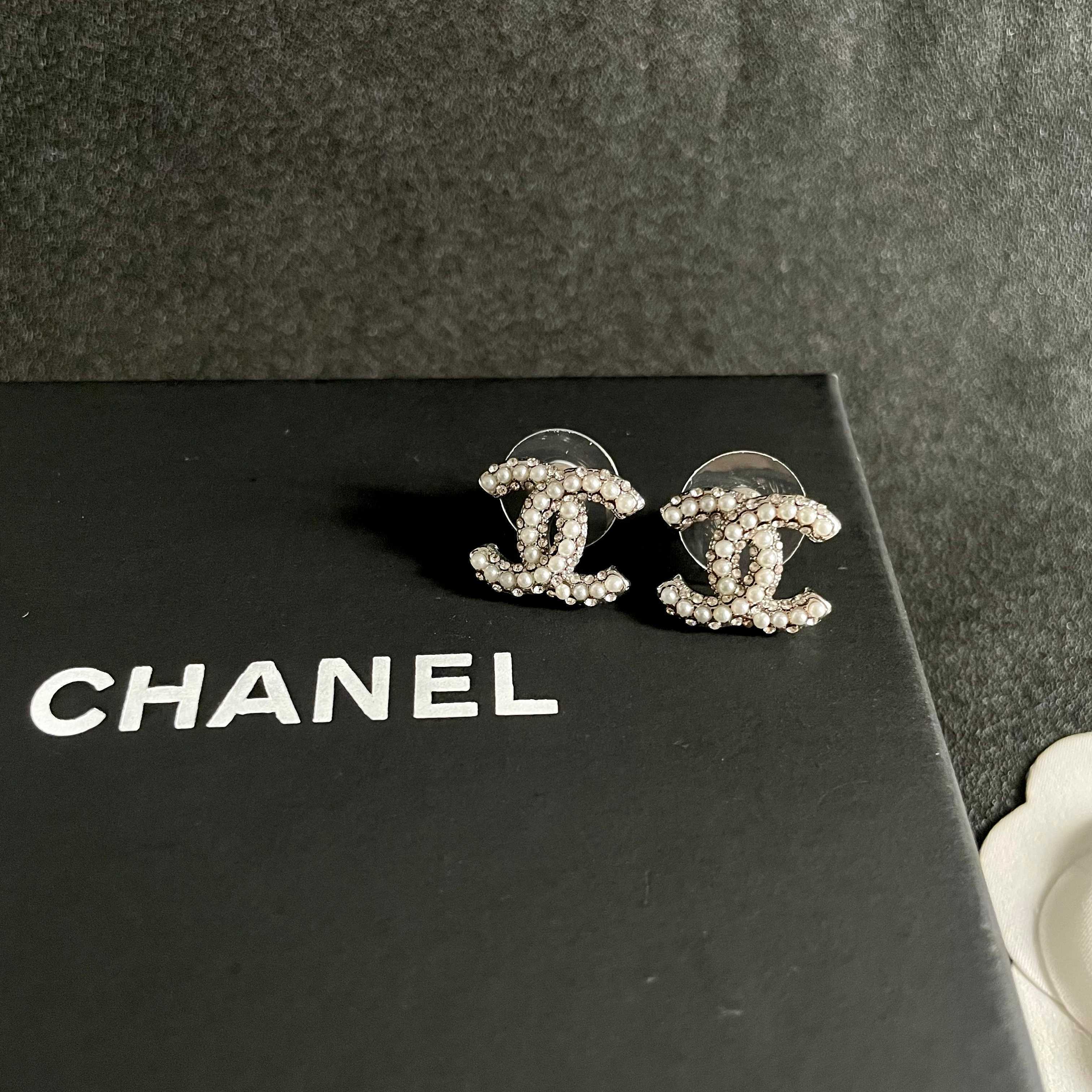 Chanel CC Logo Crystal Stud Earrings