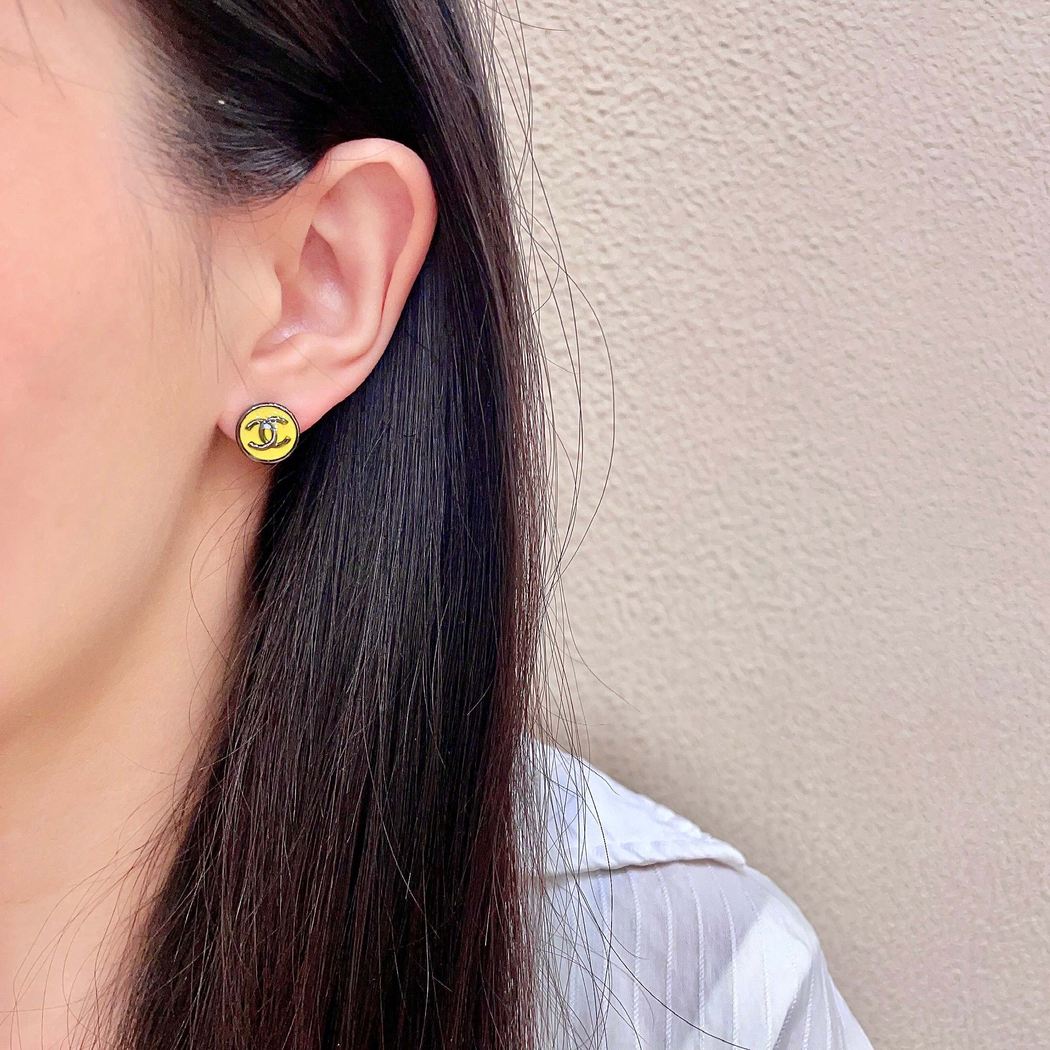Chanel Yellow Logo Stud Earrings