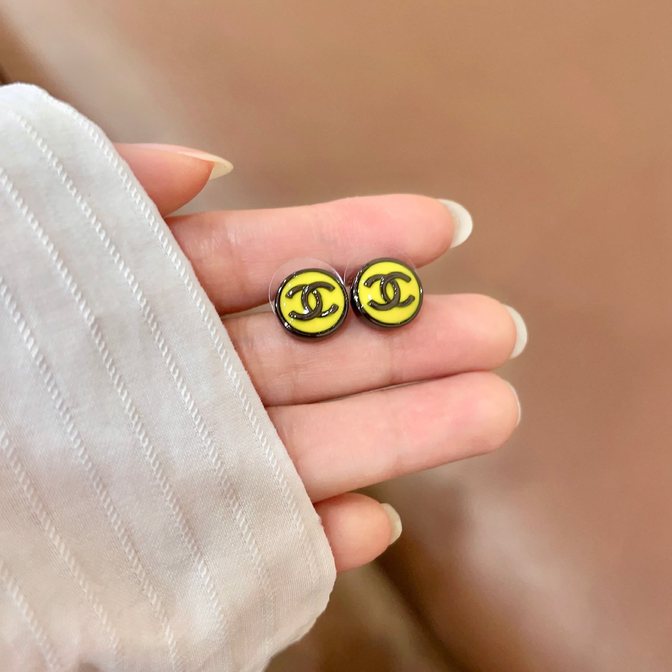 Chanel Yellow Logo Stud Earrings