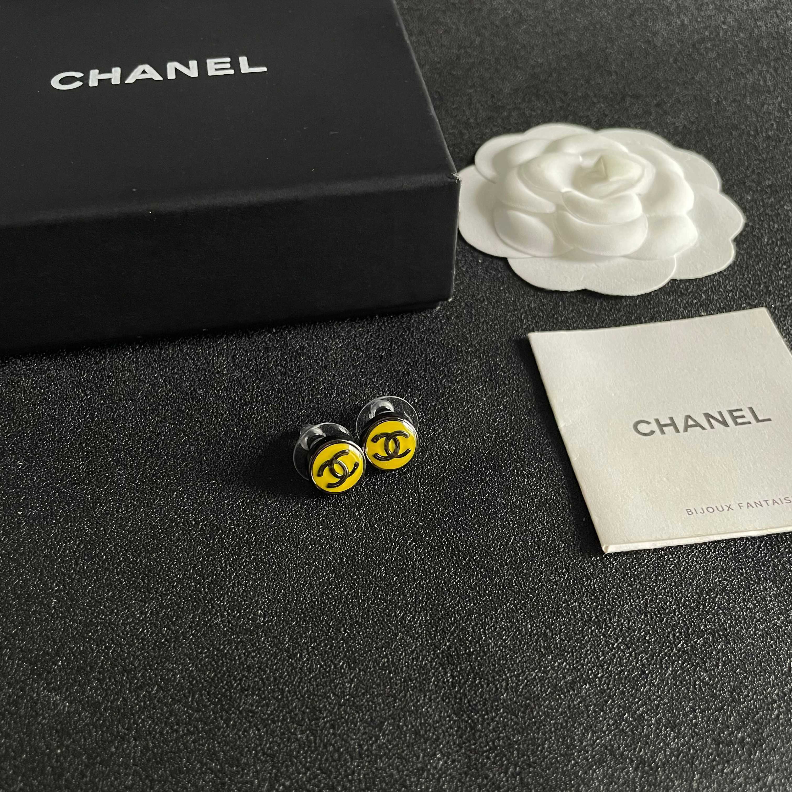 Chanel Yellow Logo Stud Earrings