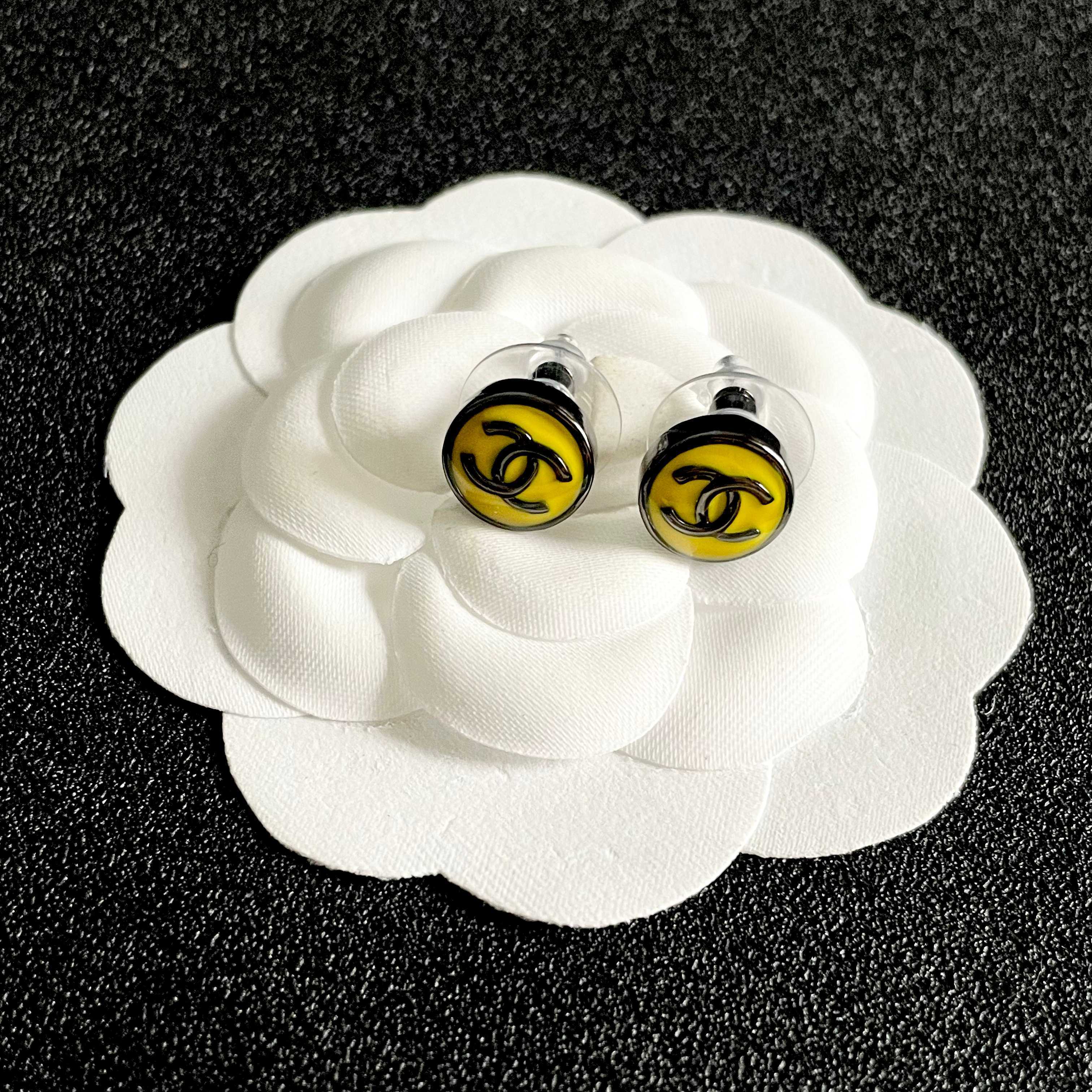 Chanel Yellow Logo Stud Earrings