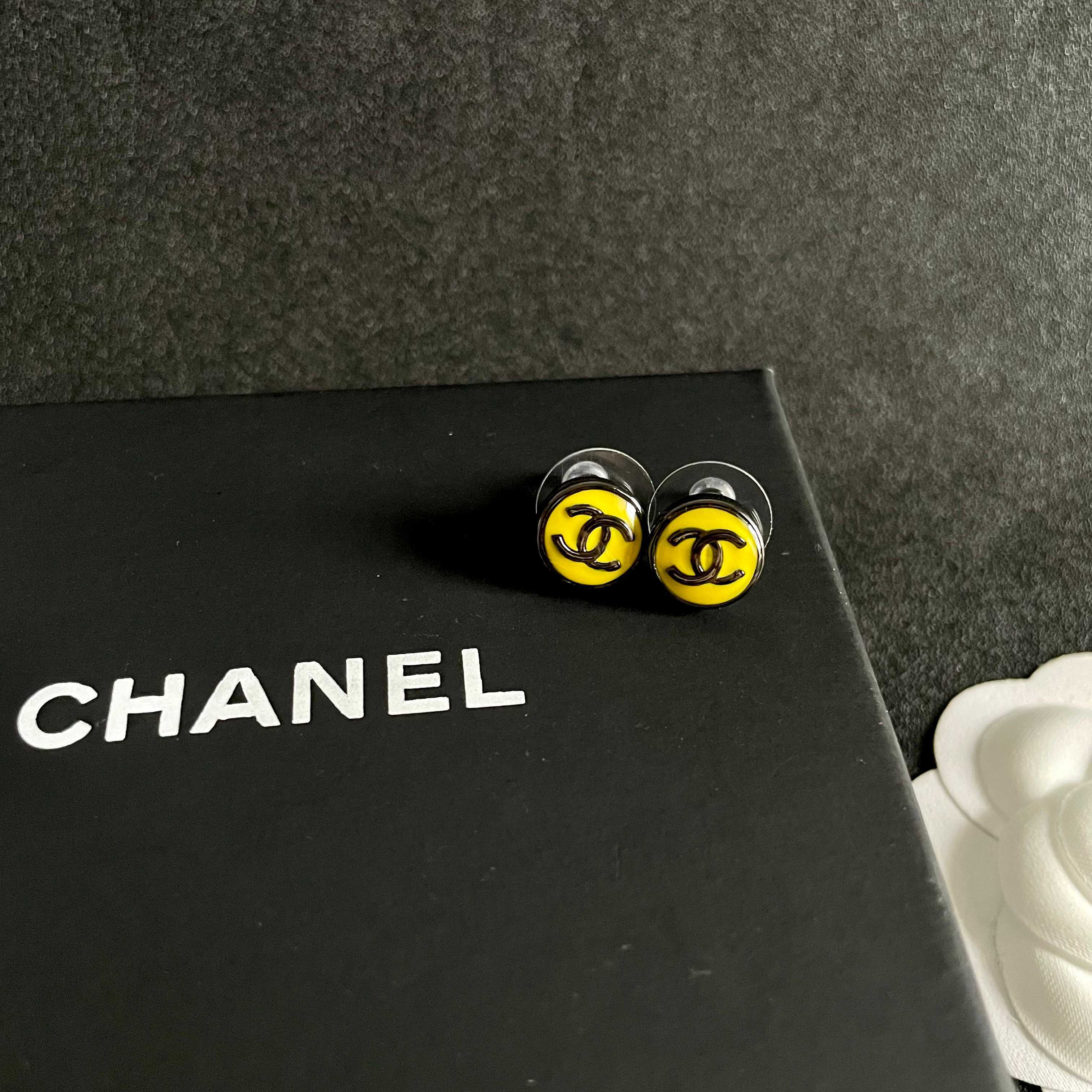 Chanel Yellow Logo Stud Earrings