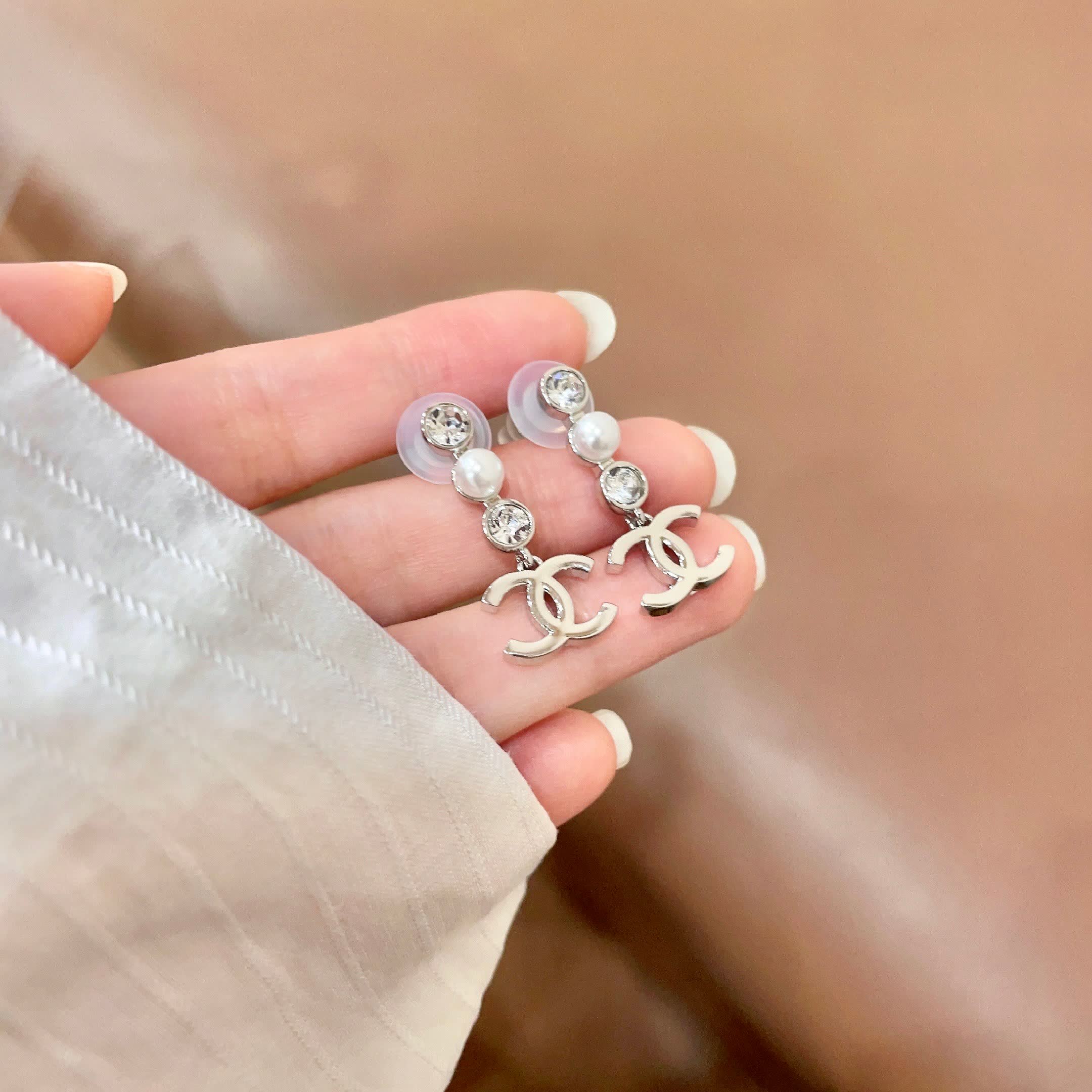 Chanel CC Logo Pearl & Crystal Drop Earrings