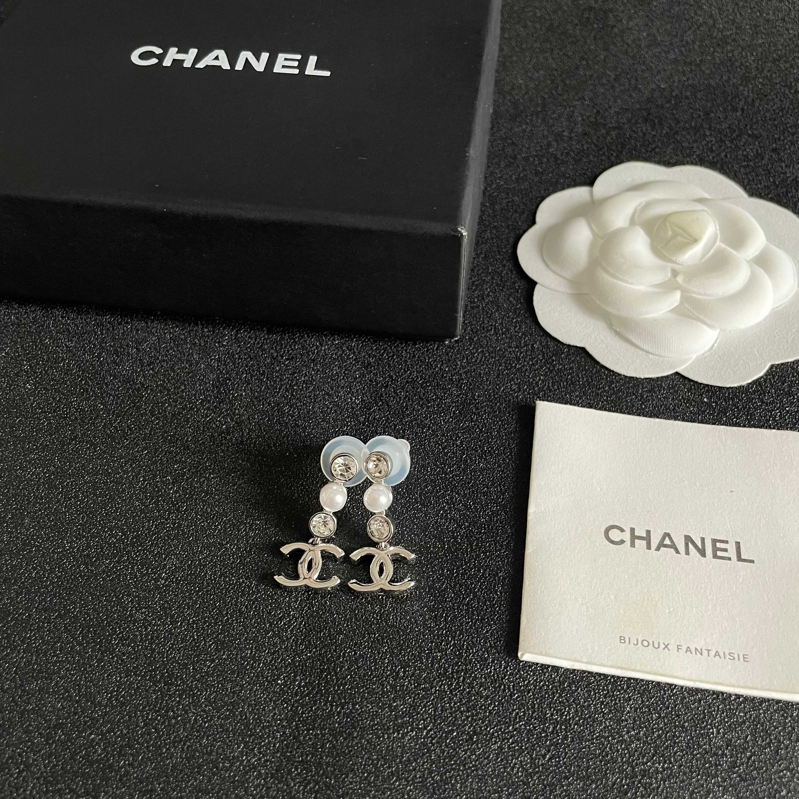 Chanel CC Logo Pearl & Crystal Drop Earrings