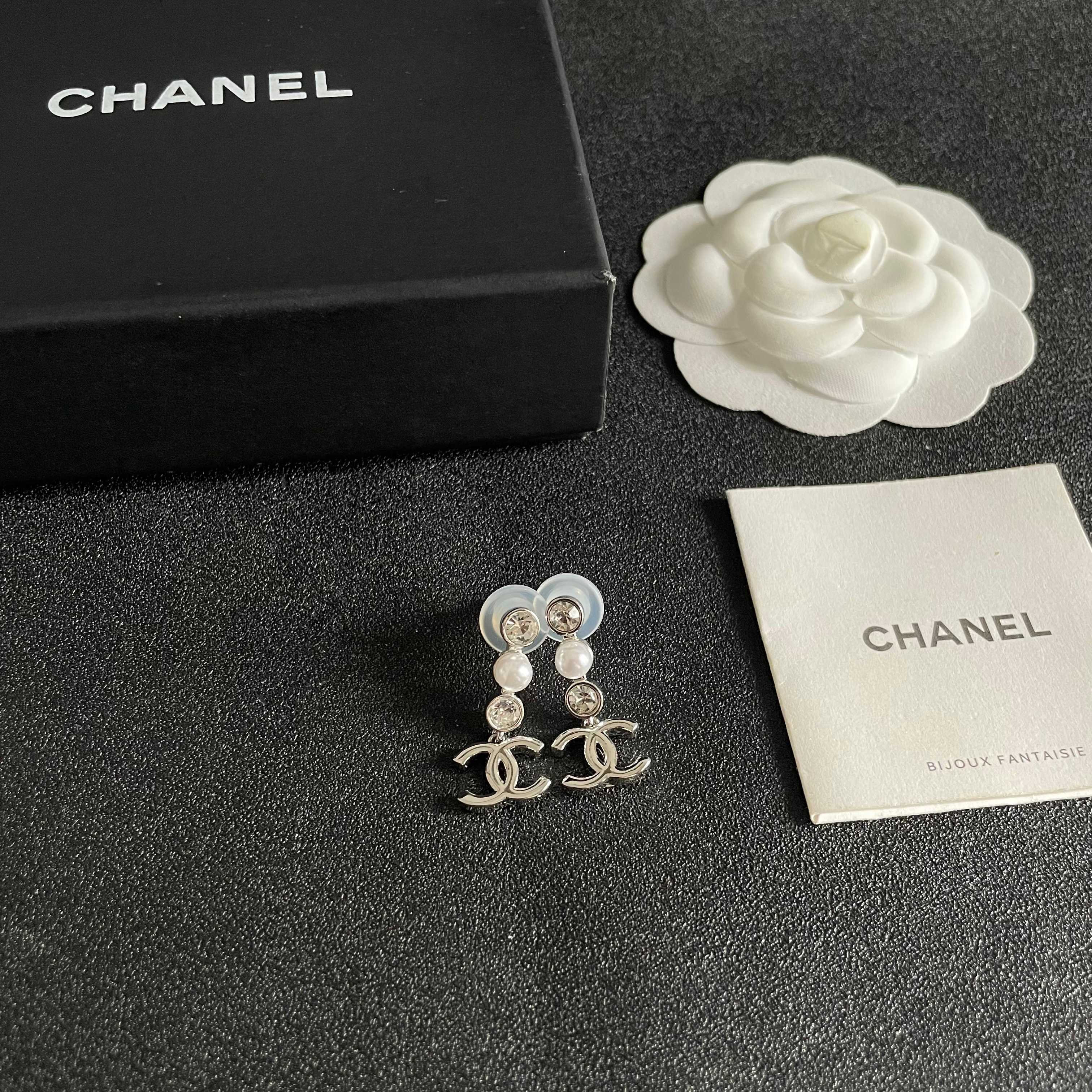Chanel CC Logo Pearl & Crystal Drop Earrings