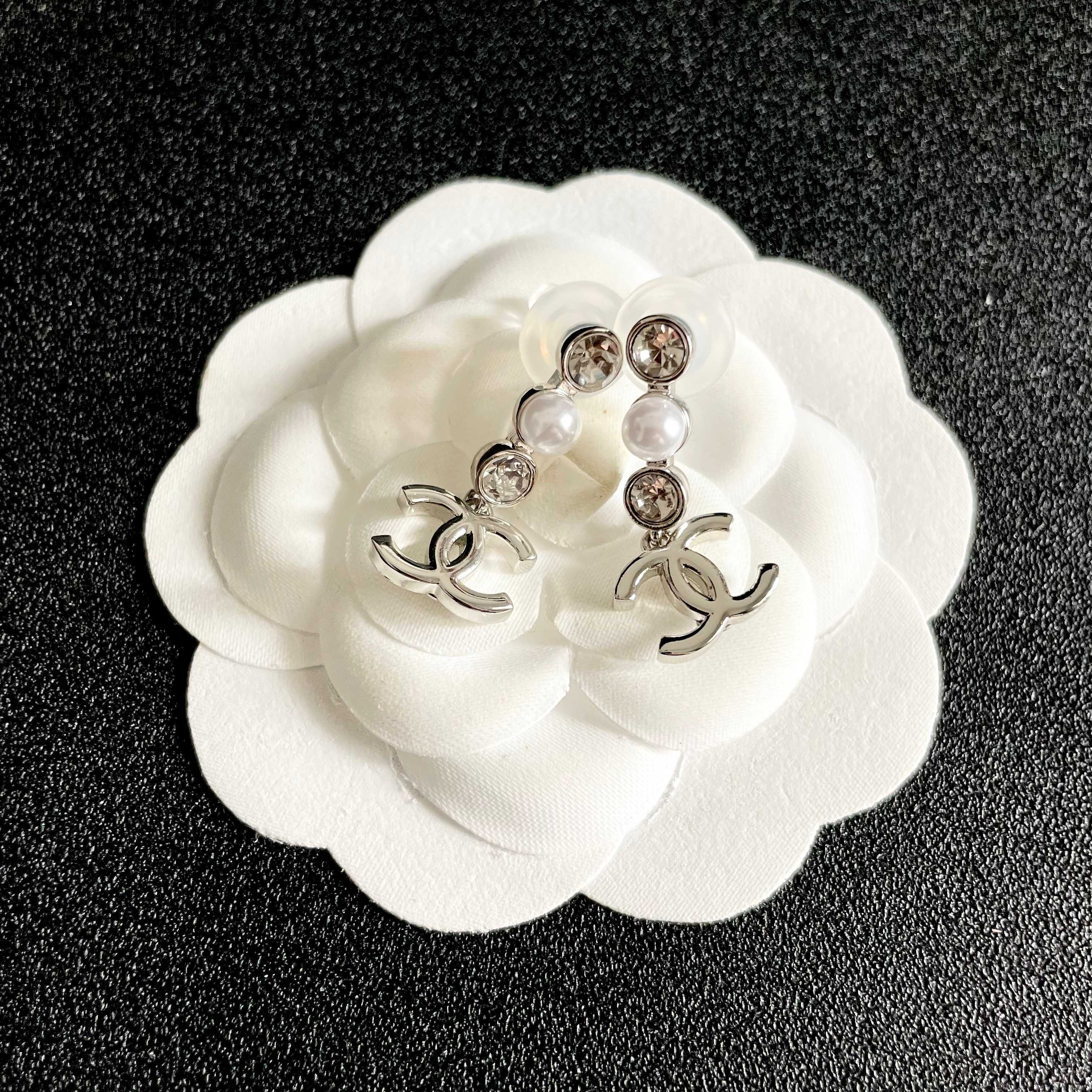 Chanel CC Logo Pearl & Crystal Drop Earrings