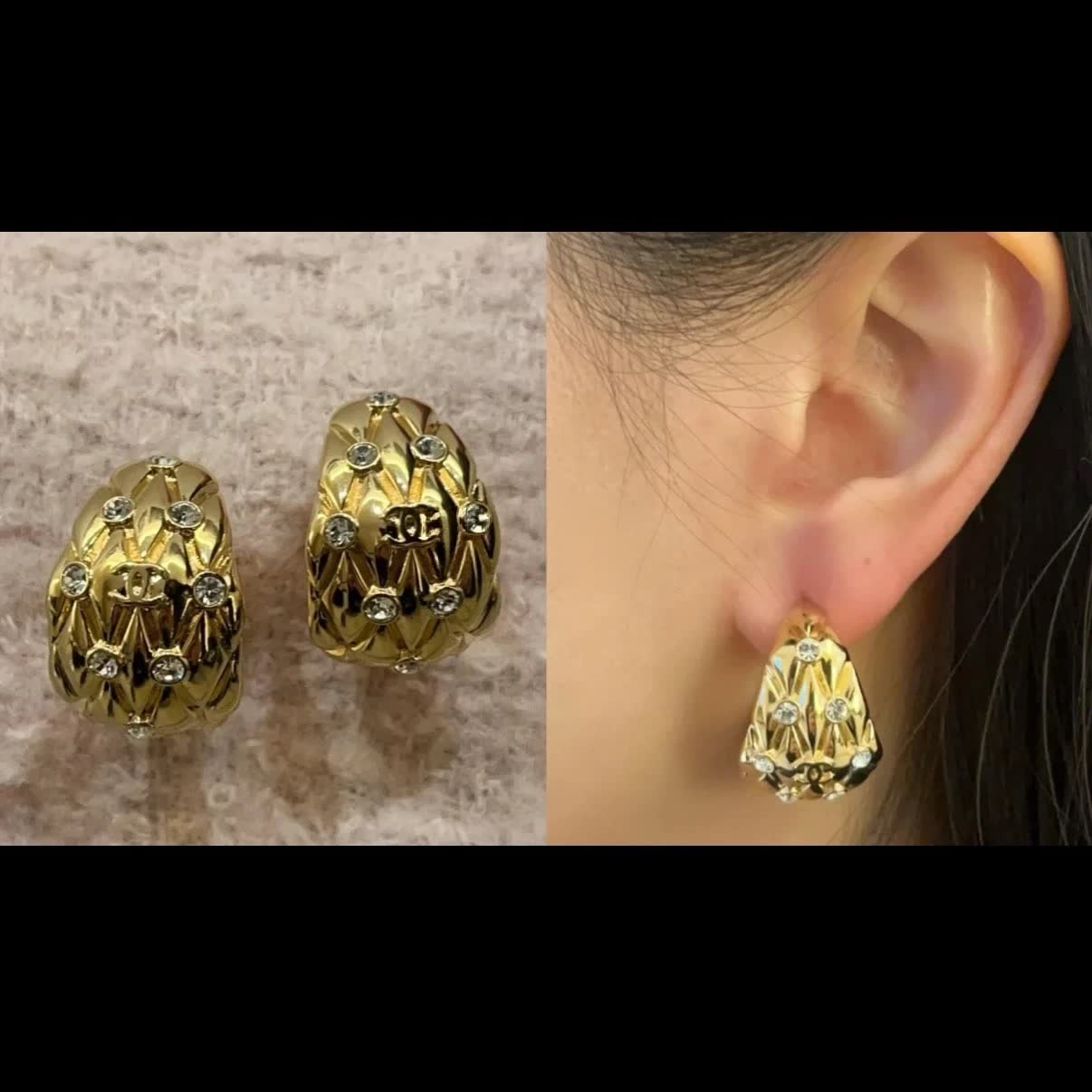 Chanel Gold Tone Diamond Stud Earrings