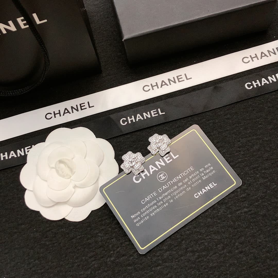 Chanel Silver Camellia Earrings