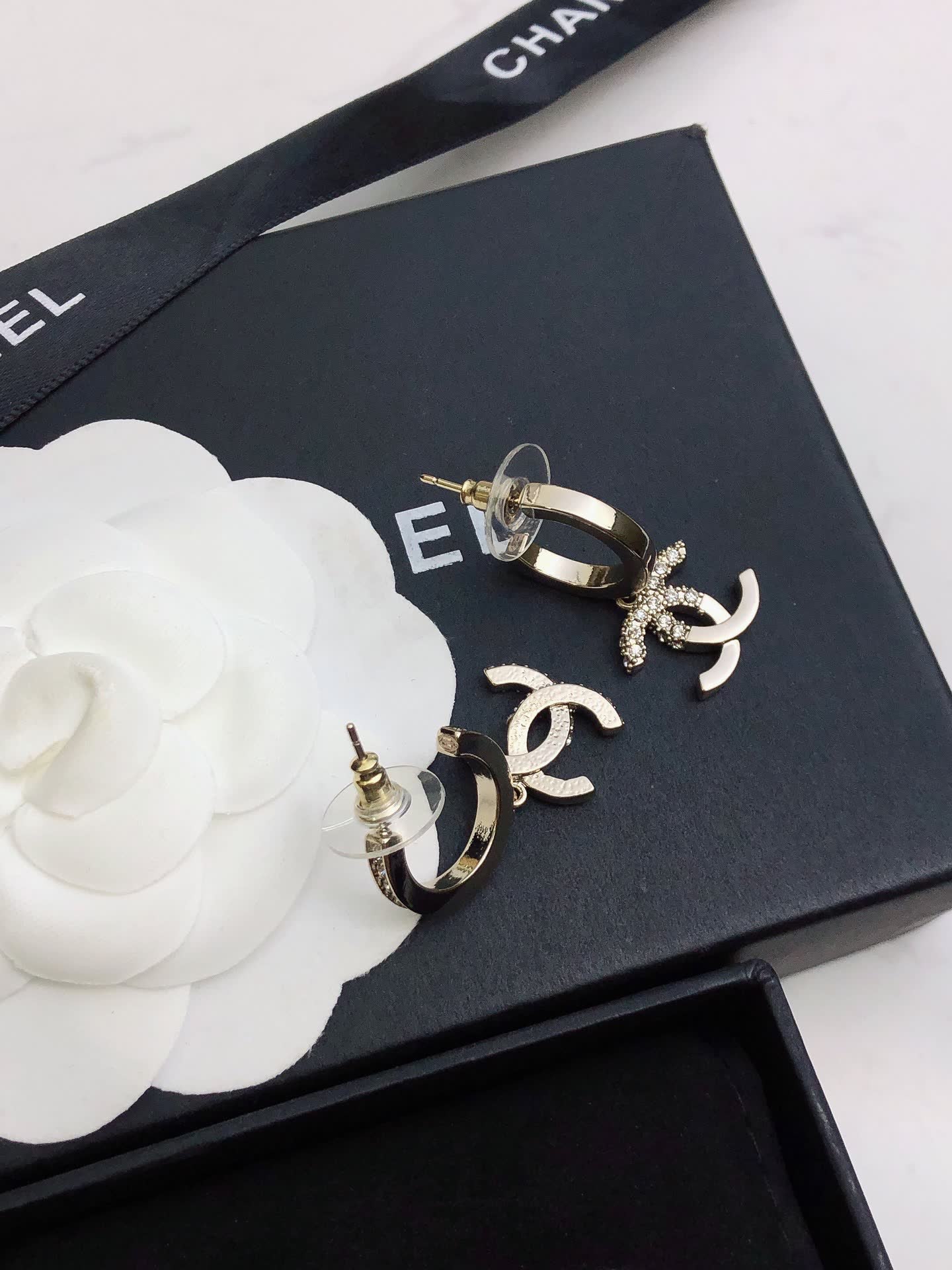 Chanel CC Logo Diamond Hoop Earrings
