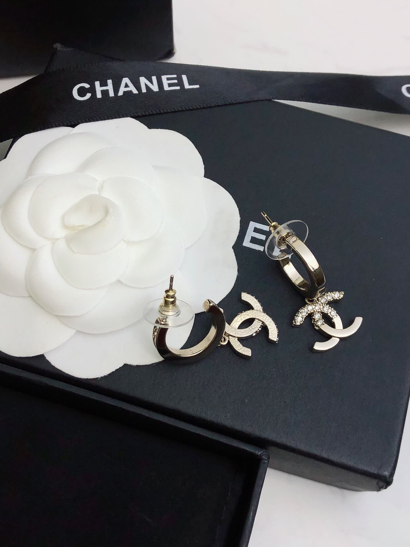 Chanel CC Logo Diamond Hoop Earrings