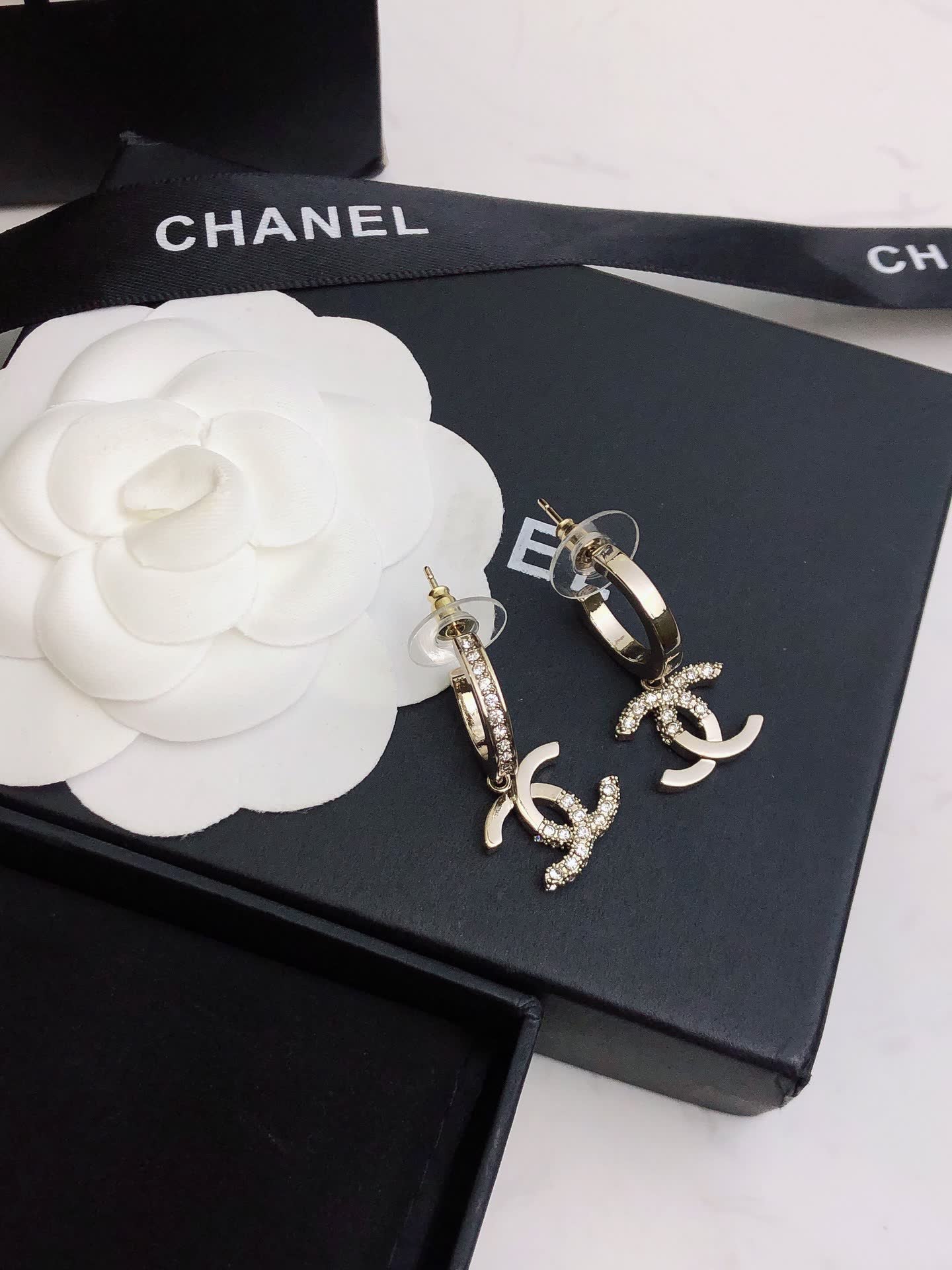Chanel CC Logo Diamond Hoop Earrings