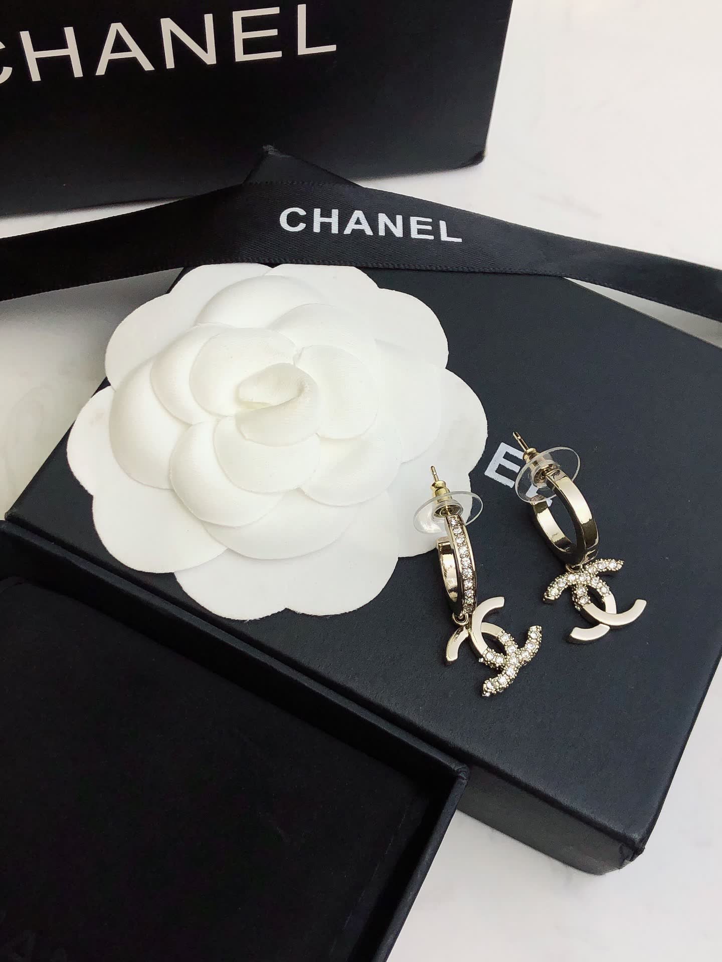 Chanel CC Logo Diamond Hoop Earrings