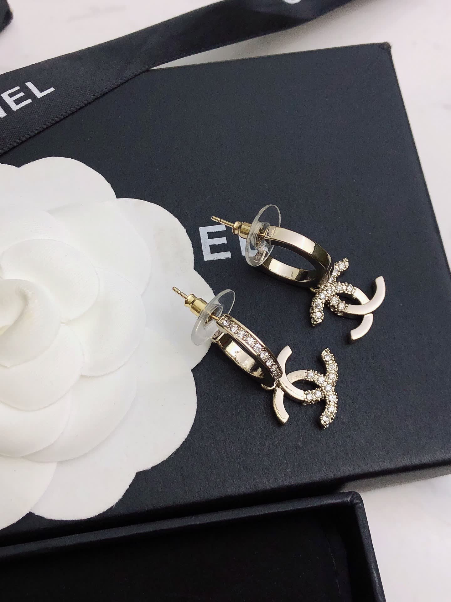 Chanel CC Logo Diamond Hoop Earrings