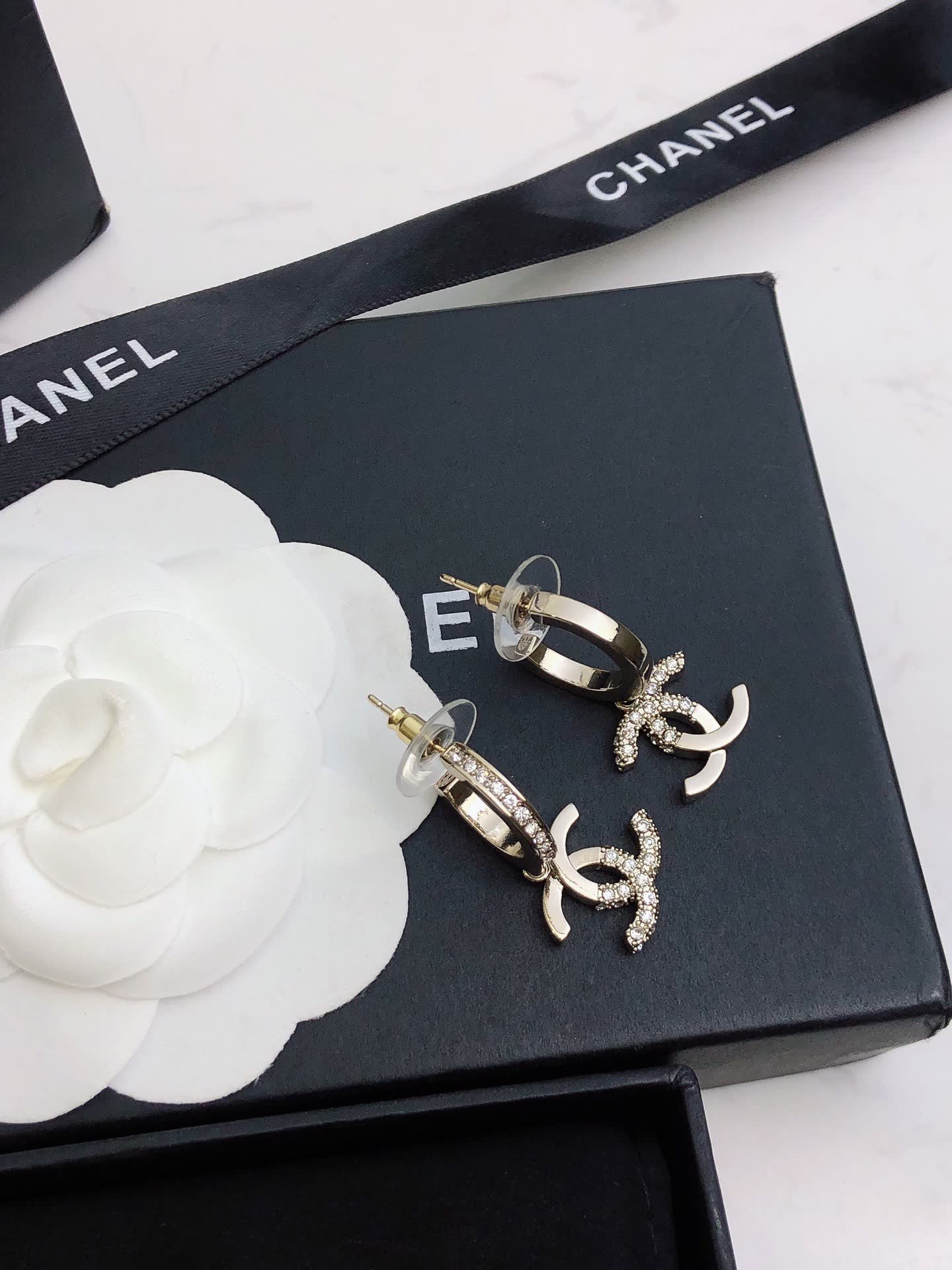 Chanel CC Logo Diamond Hoop Earrings