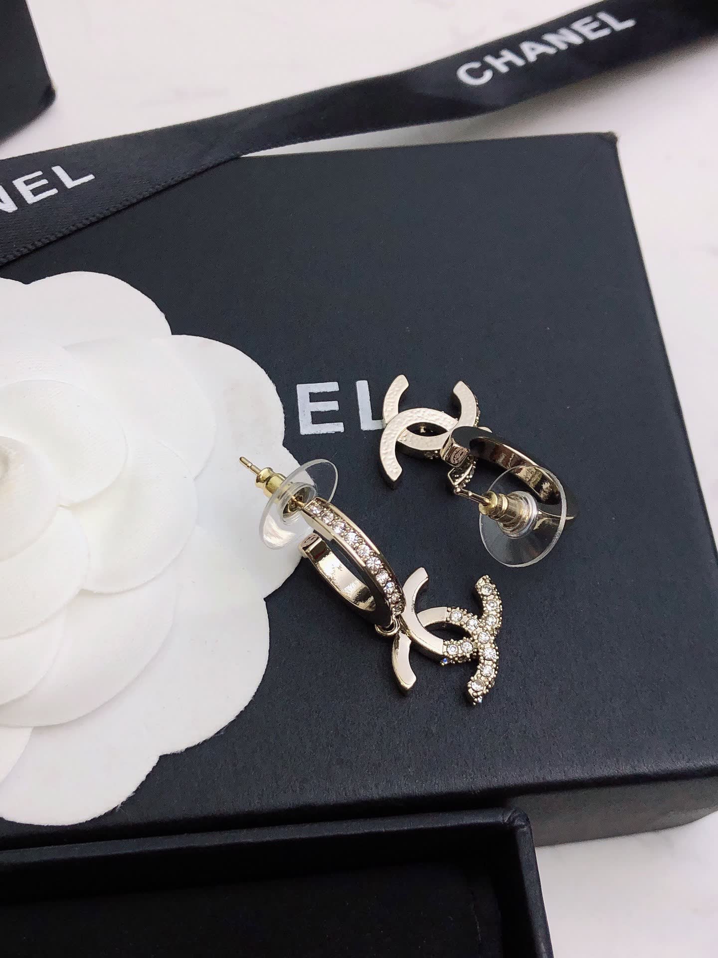 Chanel CC Logo Diamond Hoop Earrings