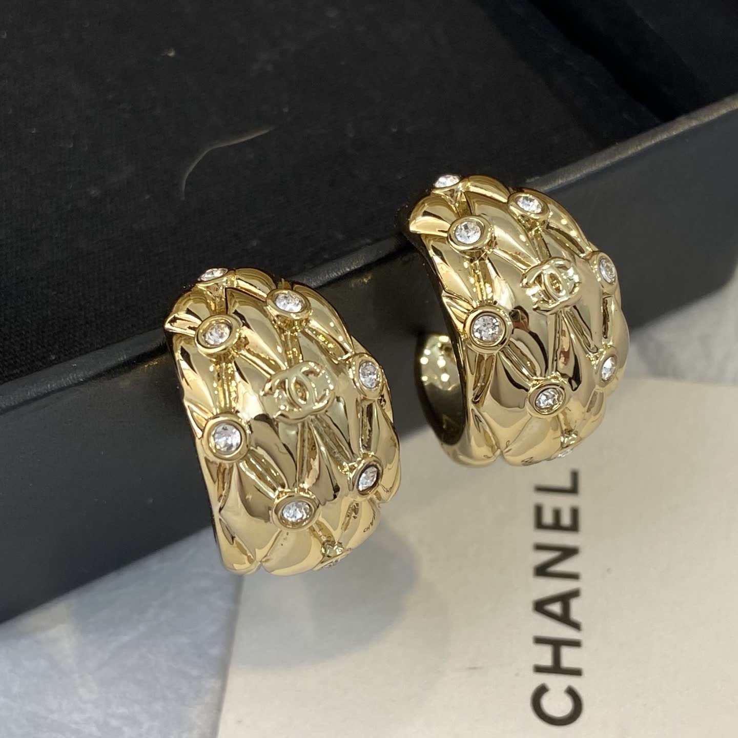 Chanel CC Logo Diamond Hoop Earrings