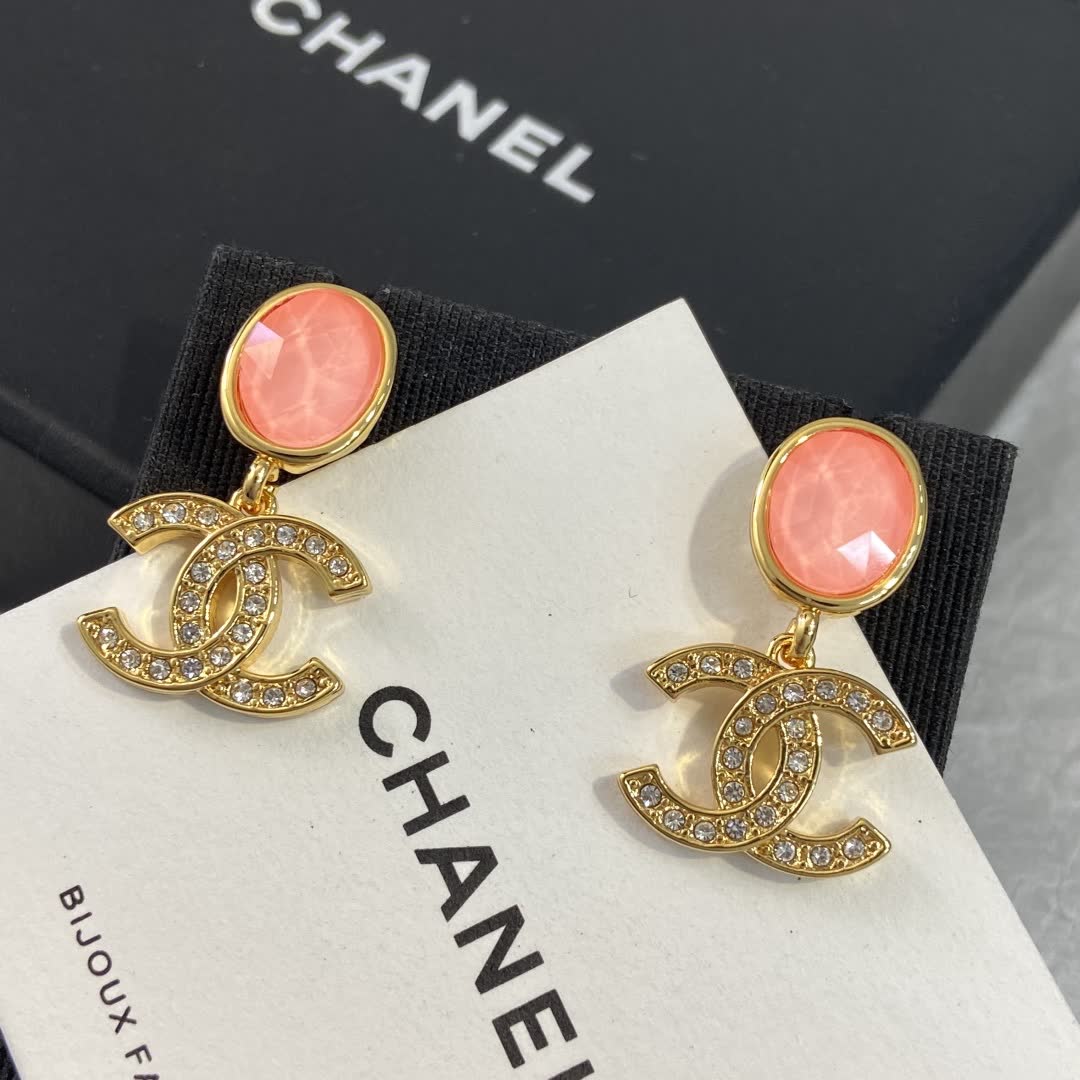 Chanel CC Logo Earrings with Pink Stones