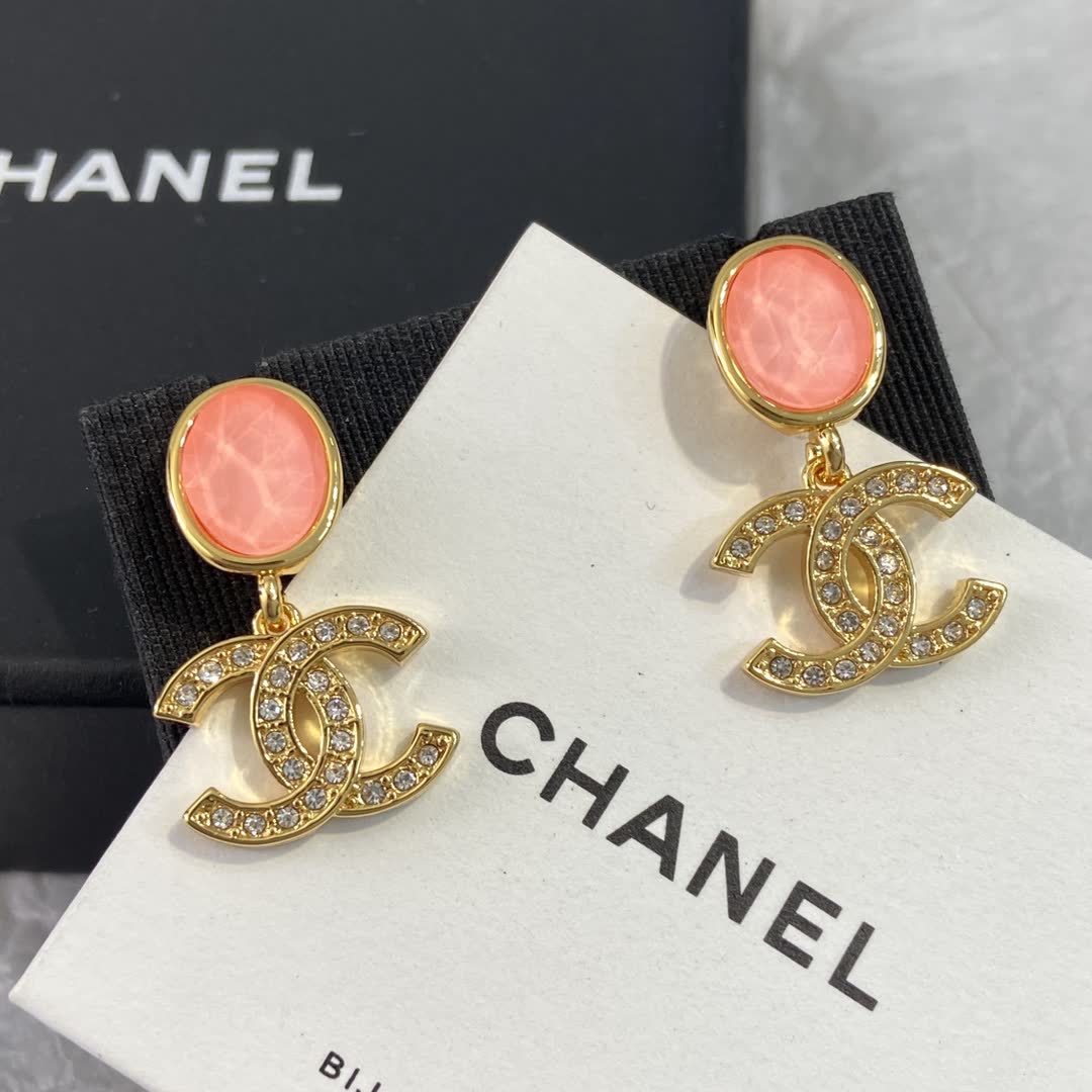 Chanel CC Logo Earrings with Pink Stones